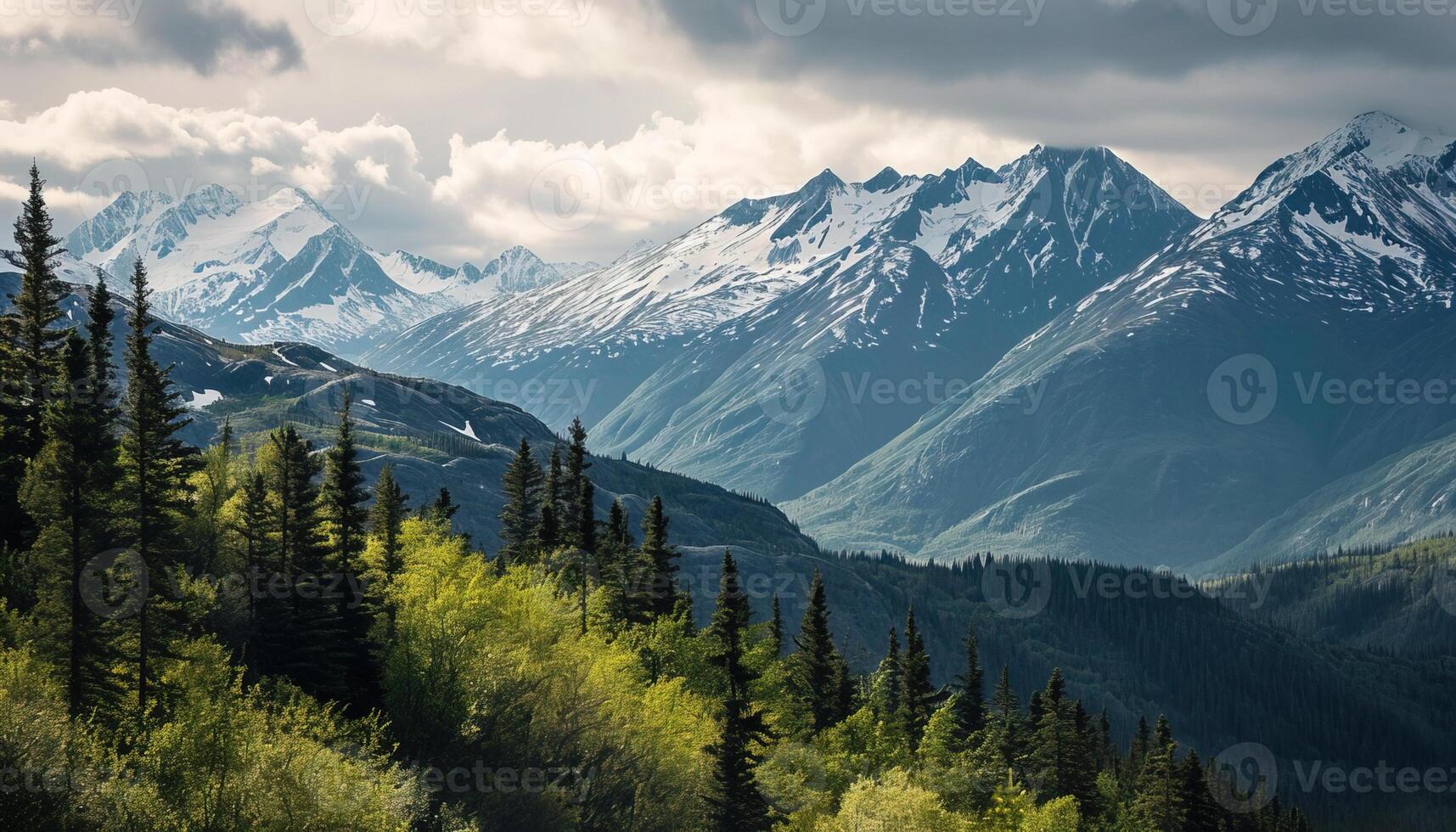 ai generado Nevado montañas de Alaska, paisaje con bosques, valles, y ríos en tiempo de día. asombroso naturaleza composición antecedentes fondo de pantalla, viaje destino, aventuras al aire libre foto