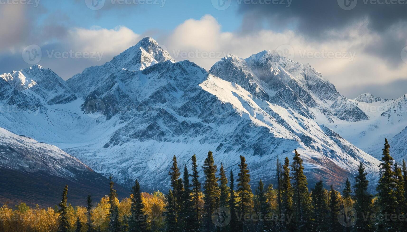 ai generado Nevado montañas de Alaska, paisaje con bosques, valles, y ríos en tiempo de día. sereno desierto naturaleza composición antecedentes fondo de pantalla, viaje destino, aventuras al aire libre foto