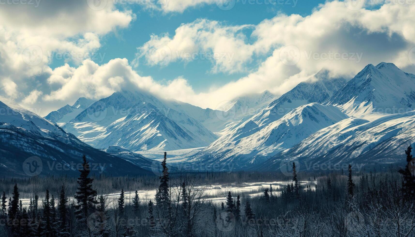 ai generado Nevado montañas de Alaska, paisaje con bosques, valles, y ríos en tiempo de día. sereno desierto naturaleza composición antecedentes fondo de pantalla, viaje destino, aventuras al aire libre foto