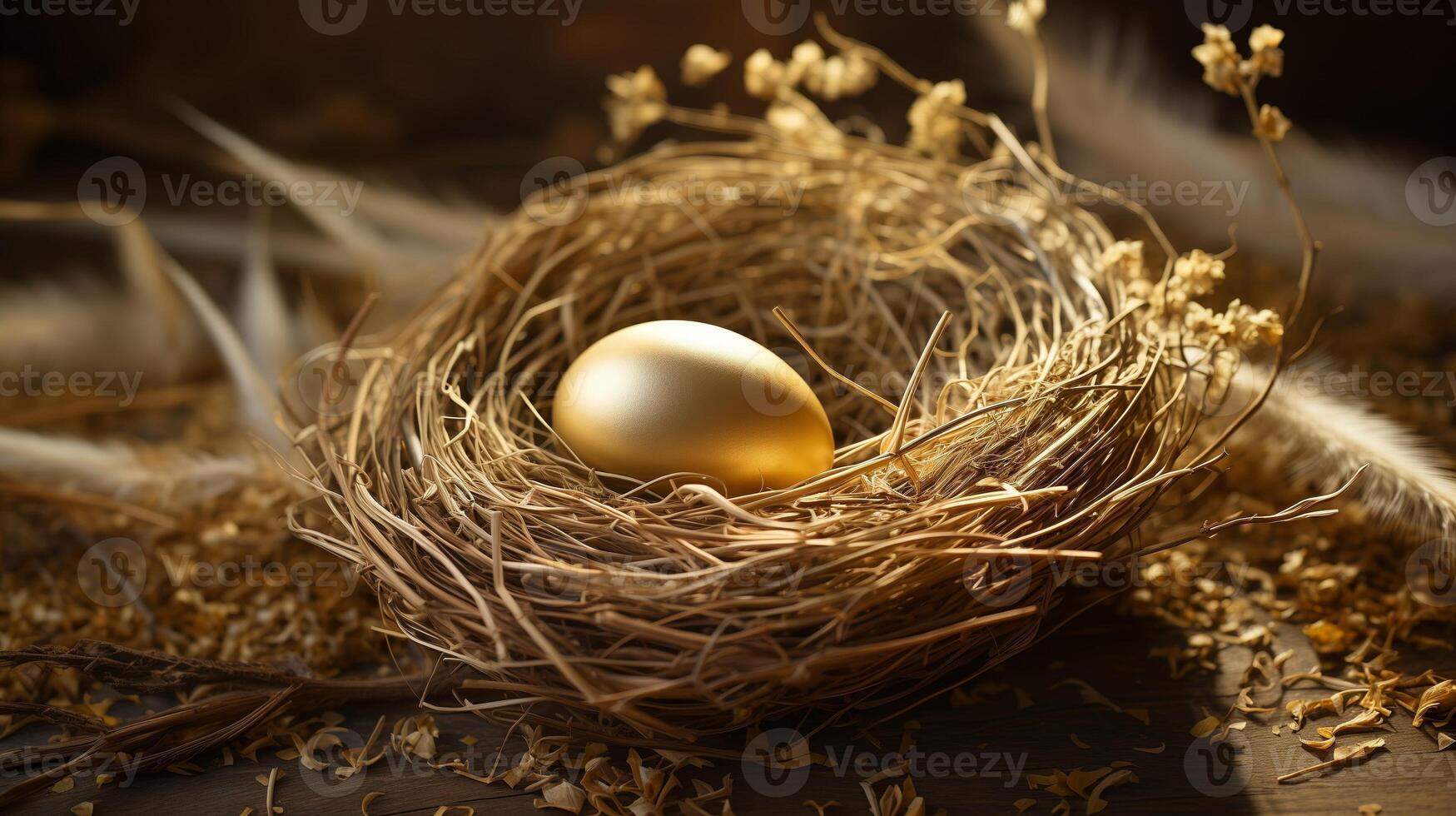 ai generado dorado huevo en el nido foto