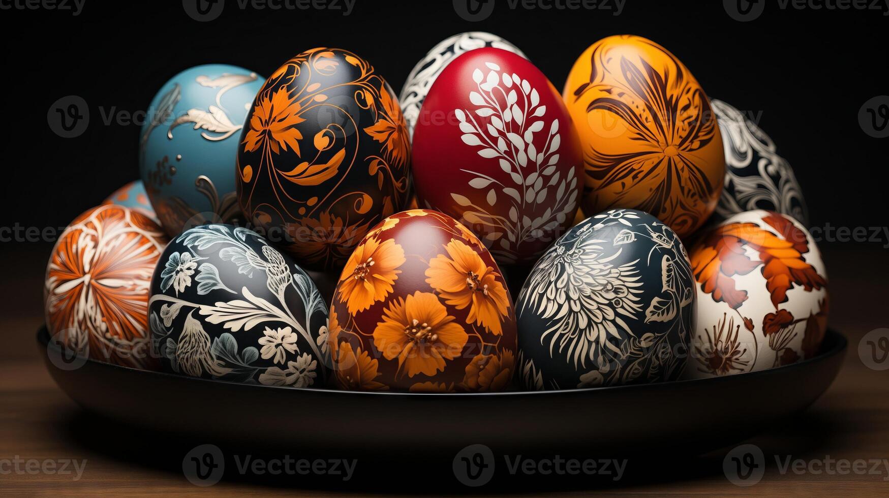 AI generated Easter eggs in black plate photo