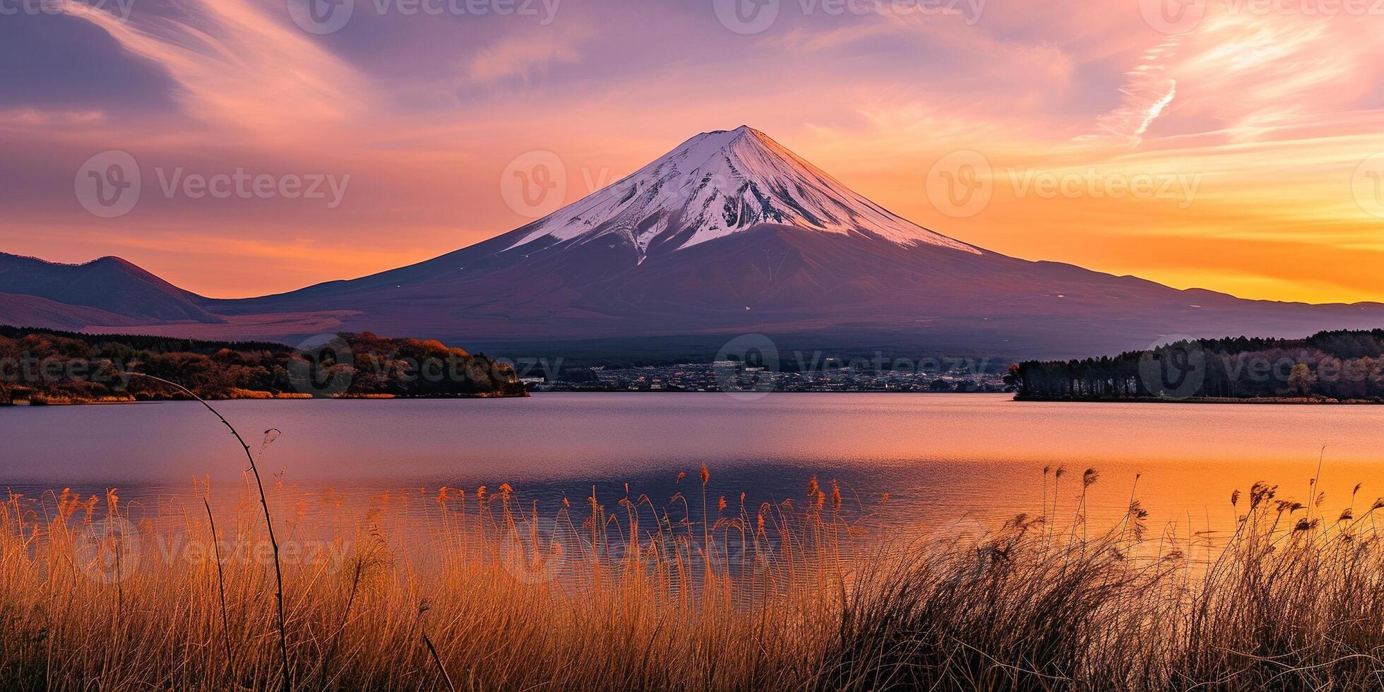 AI generated Mt. Fuji, mount Fuji-san tallest volcano mountain in Tokyo, Japan. Snow capped peak, conical sacred symbol, purple, orange sunset nature landscape backdrop background wallpaper, travel photo