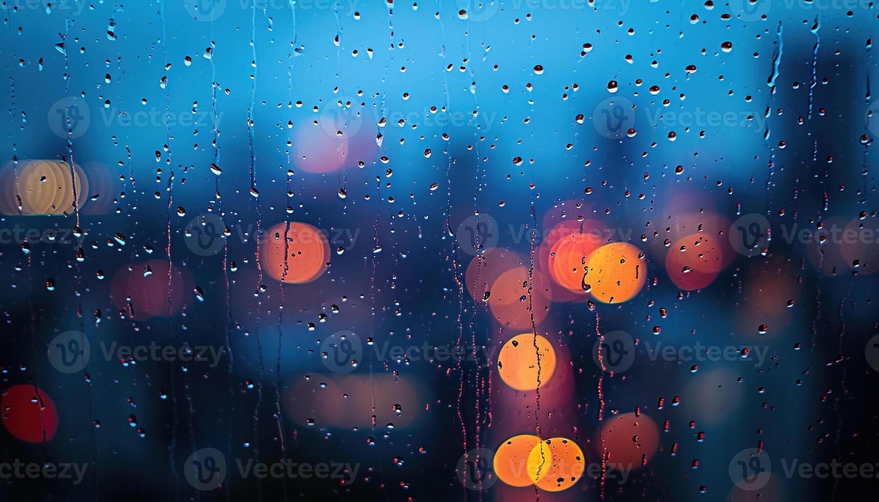 AI generated Rainy window with blurry city lights in the background. Bokeh out of focus blur, gloomy weather, melancholic mood, sadness, longing, depression concept backdrop photo