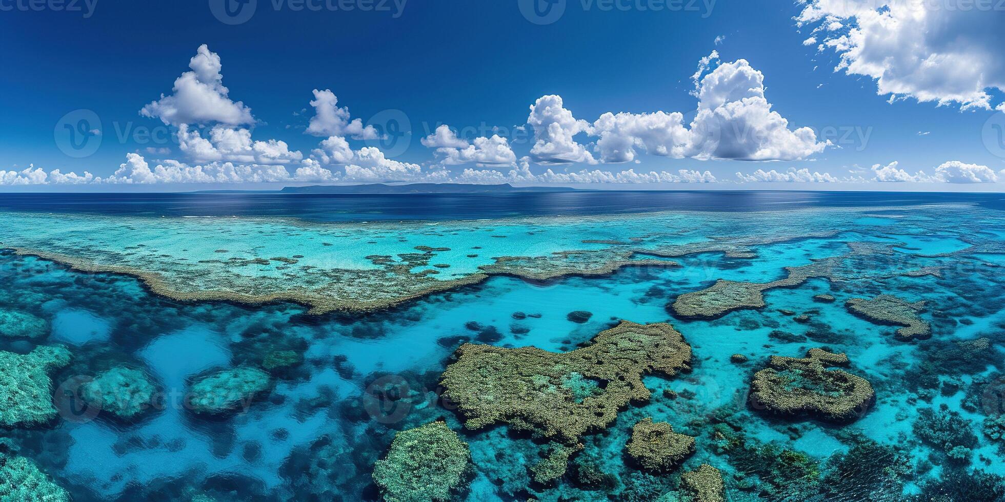 AI generated Great Barrier Reef on the coast of Queensland, Australia seascape. Coral sea marine ecosystem wallpaper with blue cloudy sky in the daylight photo