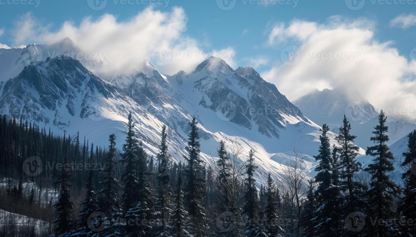 ai generado Nevado montañas de Alaska, paisaje con bosques, valles, y ríos en tiempo de día. sereno desierto naturaleza composición antecedentes fondo de pantalla, viaje destino, aventuras al aire libre foto