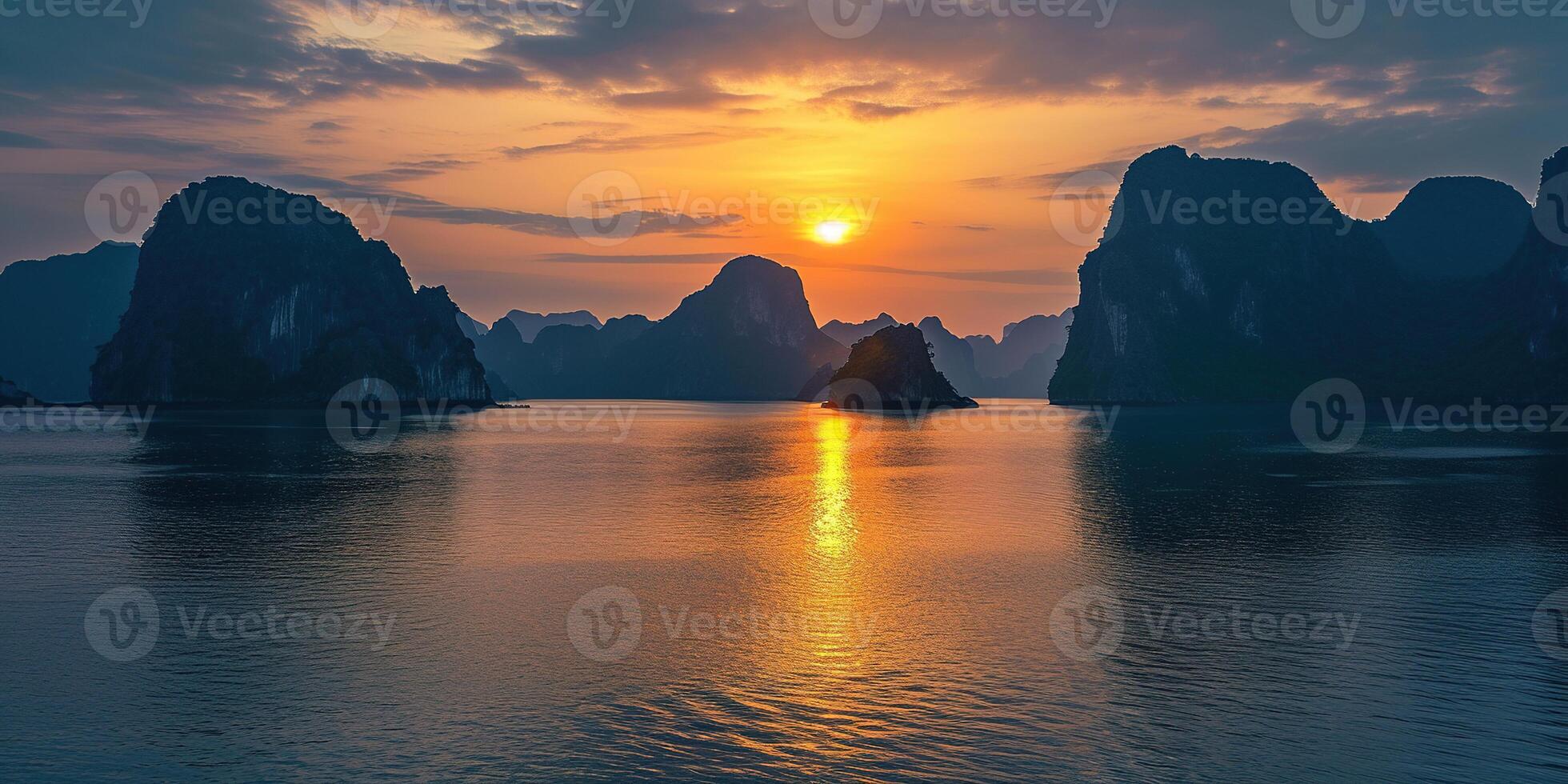 ai generado decir ah largo bahía, halong bahía mundo patrimonio sitio, caliza islas, Esmeralda aguas con barcos en provincia, Vietnam. atardecer, viaje destino, natural preguntarse paisaje antecedentes fondo de pantalla foto