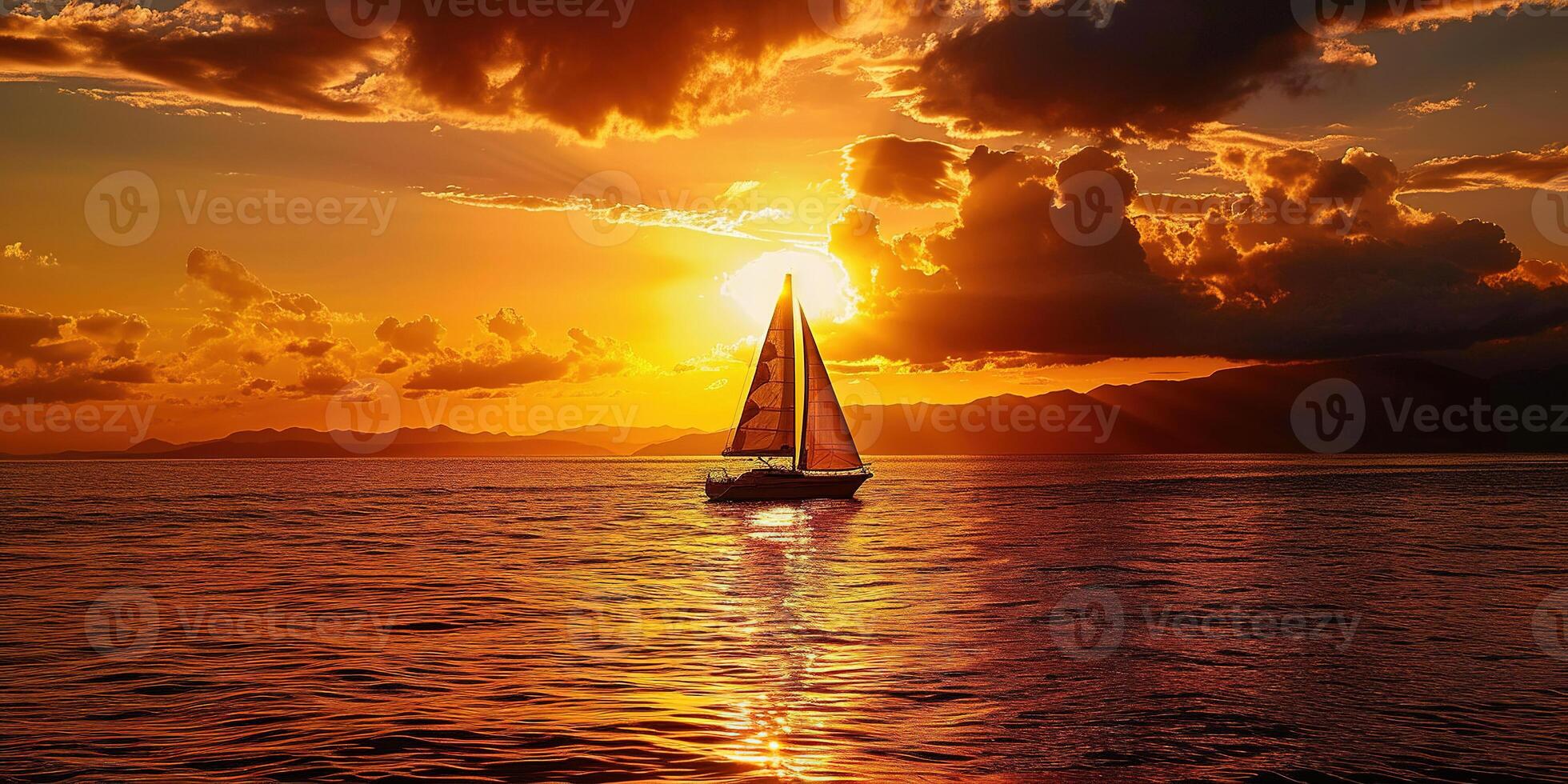 AI generated A black boat silhouette sailing in the sea seascape. Purple, pink, and orange fiery golden hour sunset evening sky in the horizon. Ocean, calm waters wallpaper background photo