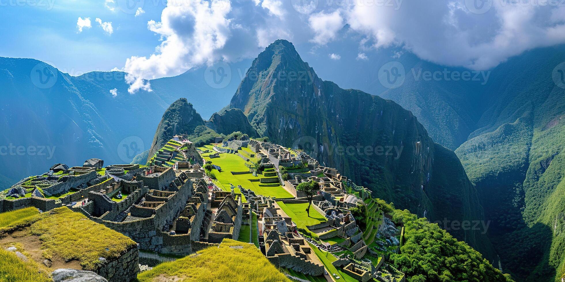 ai generado histórico santuario de machu picchu en un montaña cresta, oriental Cordillera de del Sur Perú. inca ciudadela en el Andes montañas, antiguo civilización, naturaleza panorama paisaje foto