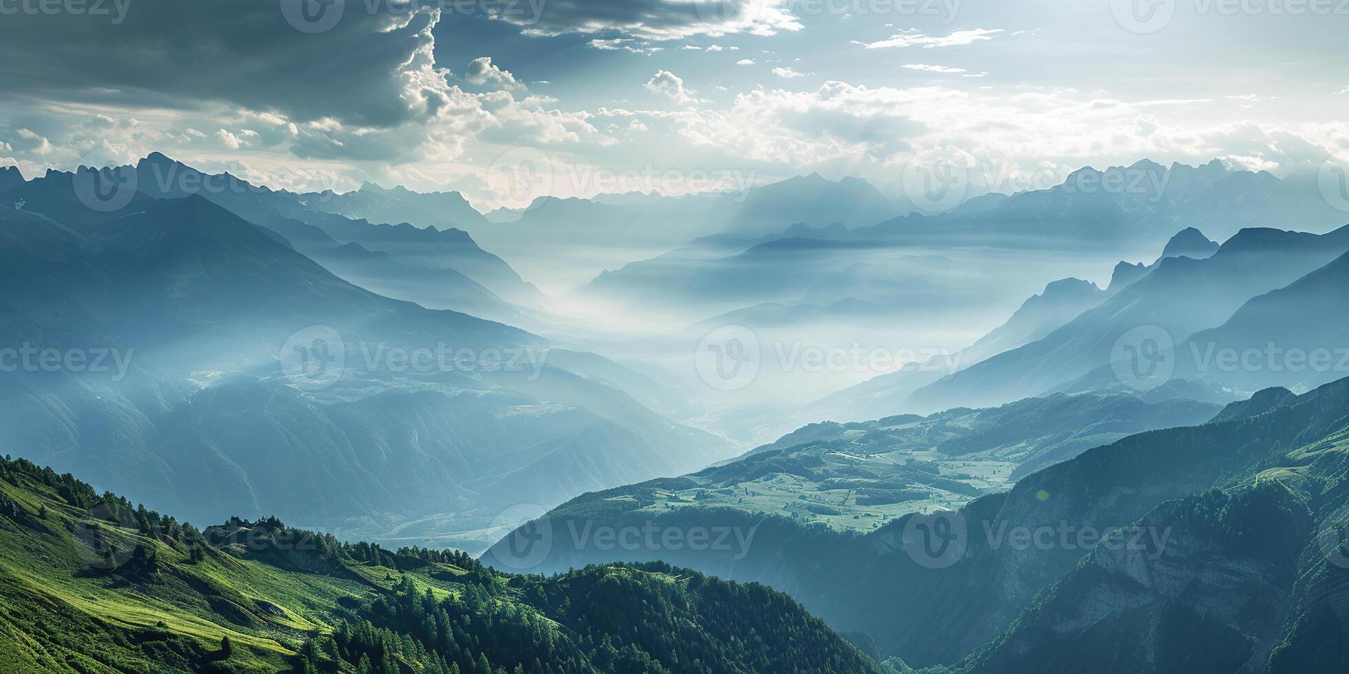 AI generated Swiss Alps mountain range with lush forest valleys and meadows, countryside in Switzerland landscape. Serene idyllic panorama, majestic nature, relaxation, calmness concept photo