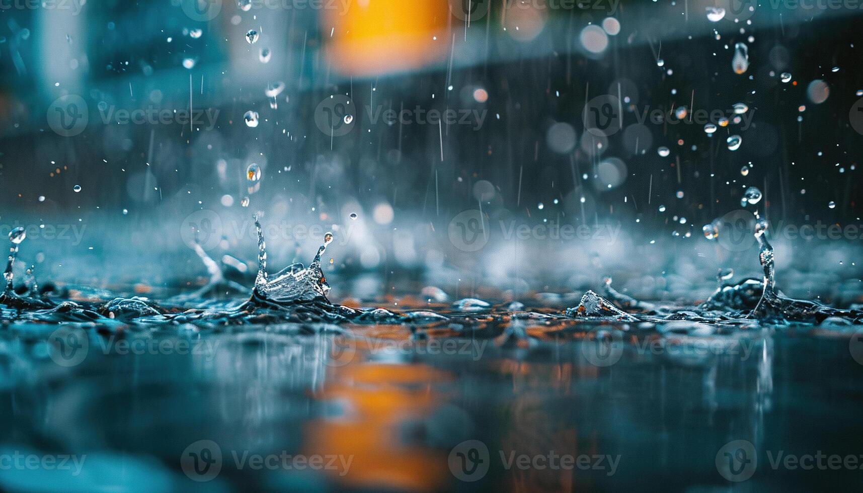 AI generated Closeup of rain drops splashing in in a puddle. Rainy season Autumn in a city macro shot, melancholic, sad mood photo