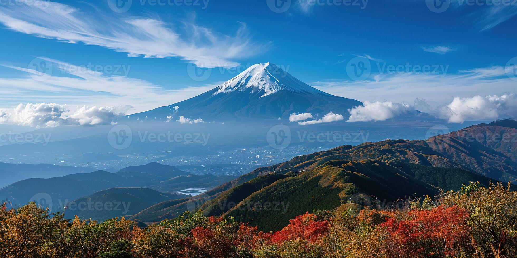 AI generated Mt. Fuji, mount Fuji-san tallest volcano mountain in Tokyo, Japan. Snow capped peak, conical sacred symbol, nature landscape backdrop background wallpaper, travel destination photo