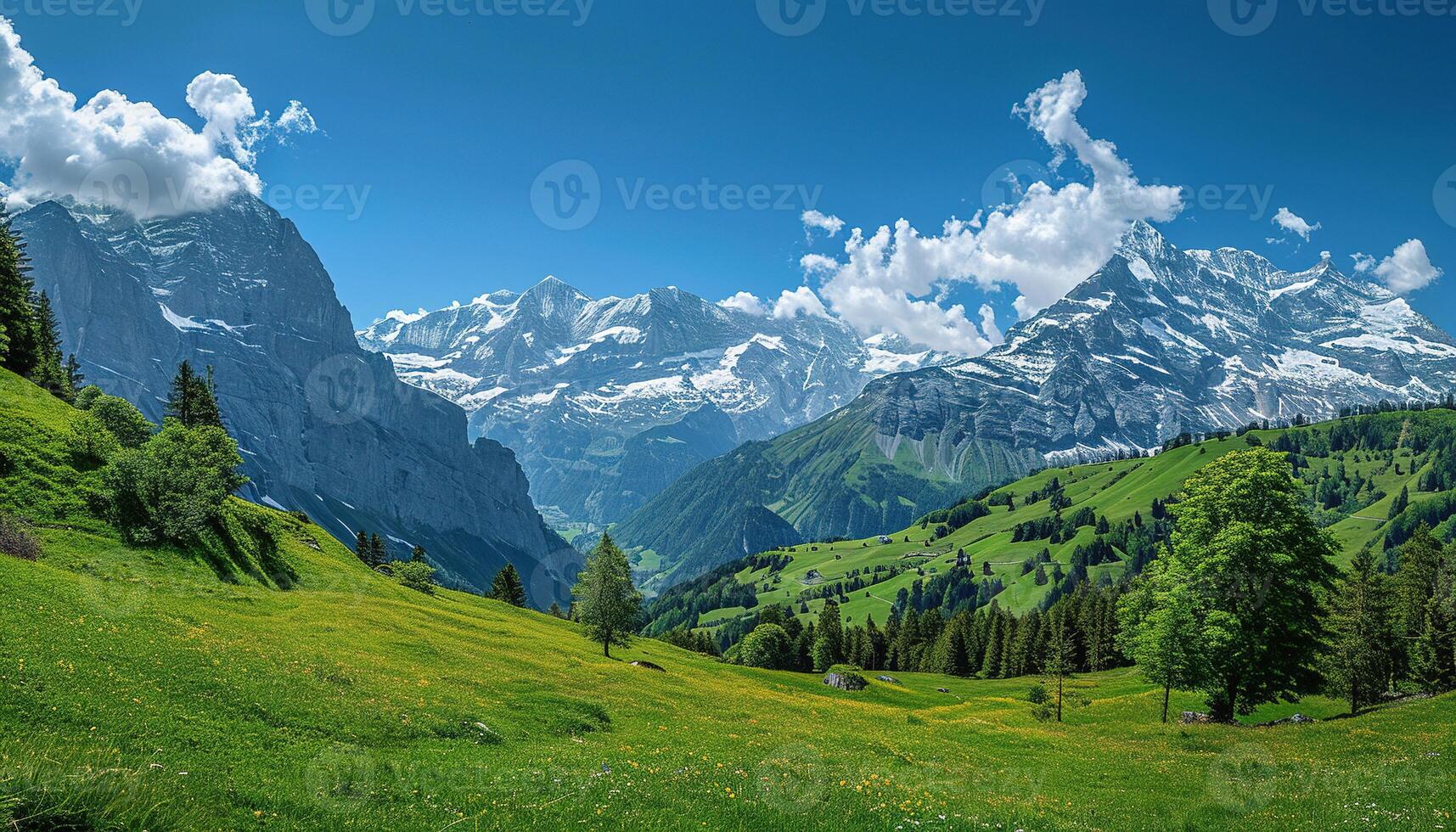 AI generated Swiss Alps mountain range with lush forest valleys and meadows, countryside in Switzerland landscape. Serene idyllic panorama, majestic nature, relaxation, calmness concept photo