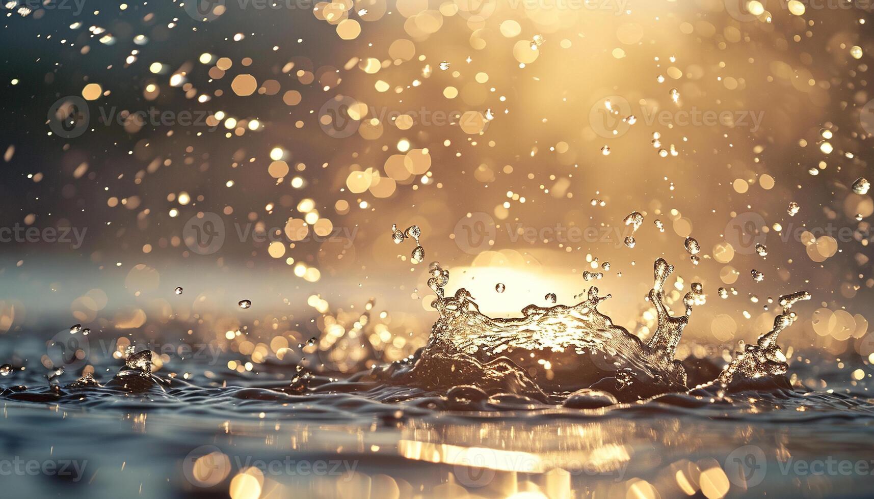 AI generated Closeup of rain drops splashing in in a puddle. Rainy season Autumn in a city macro shot, golden hour sunset lighting, uplifting, invigorating mood photo