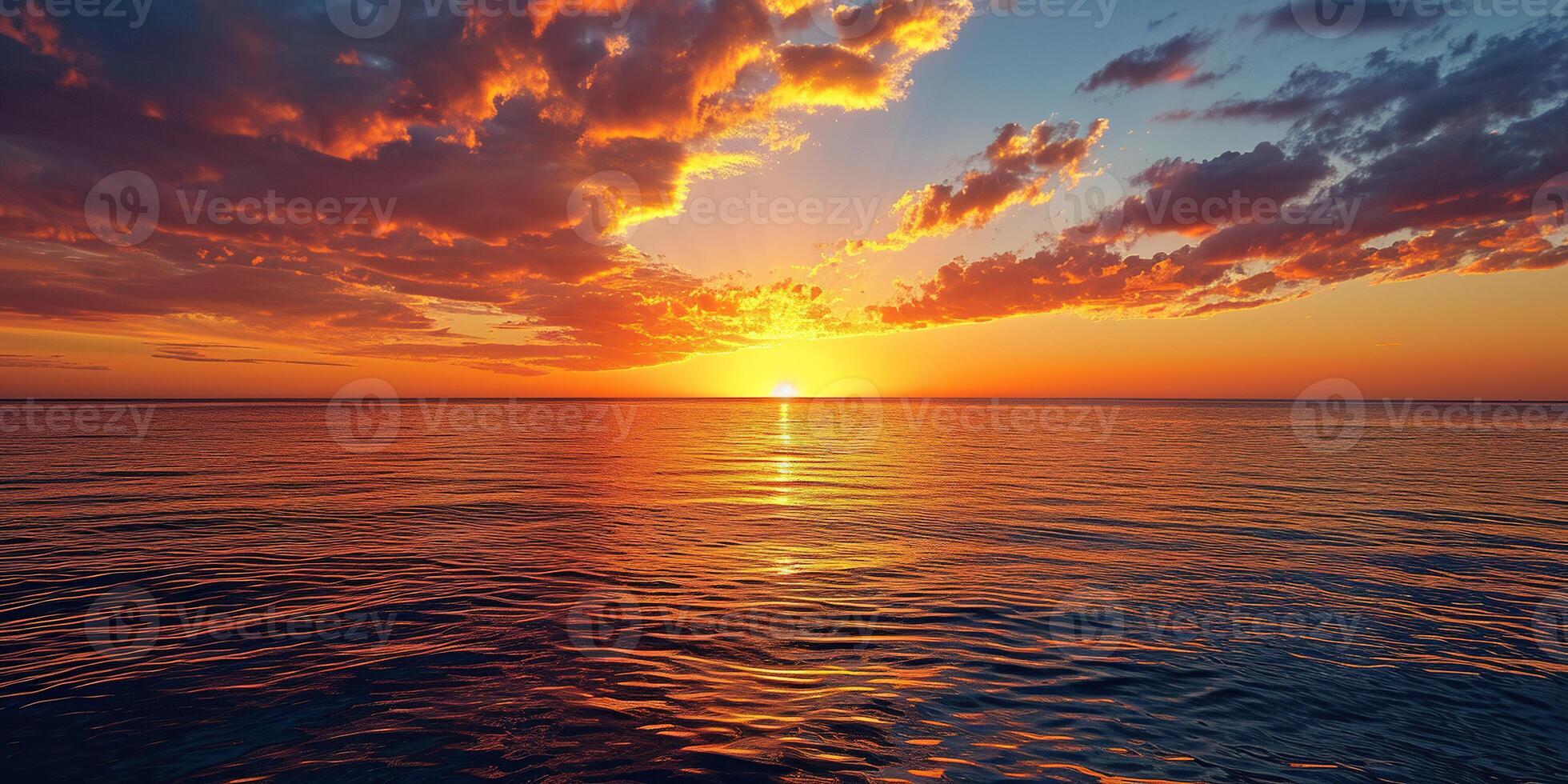 AI generated Calm Sea sunset landscape. Purple, pink, orange fiery golden hour evening sky in the horizon. Mindfulness, meditation, calmness, serenity, relaxation concept wallpaper background photo