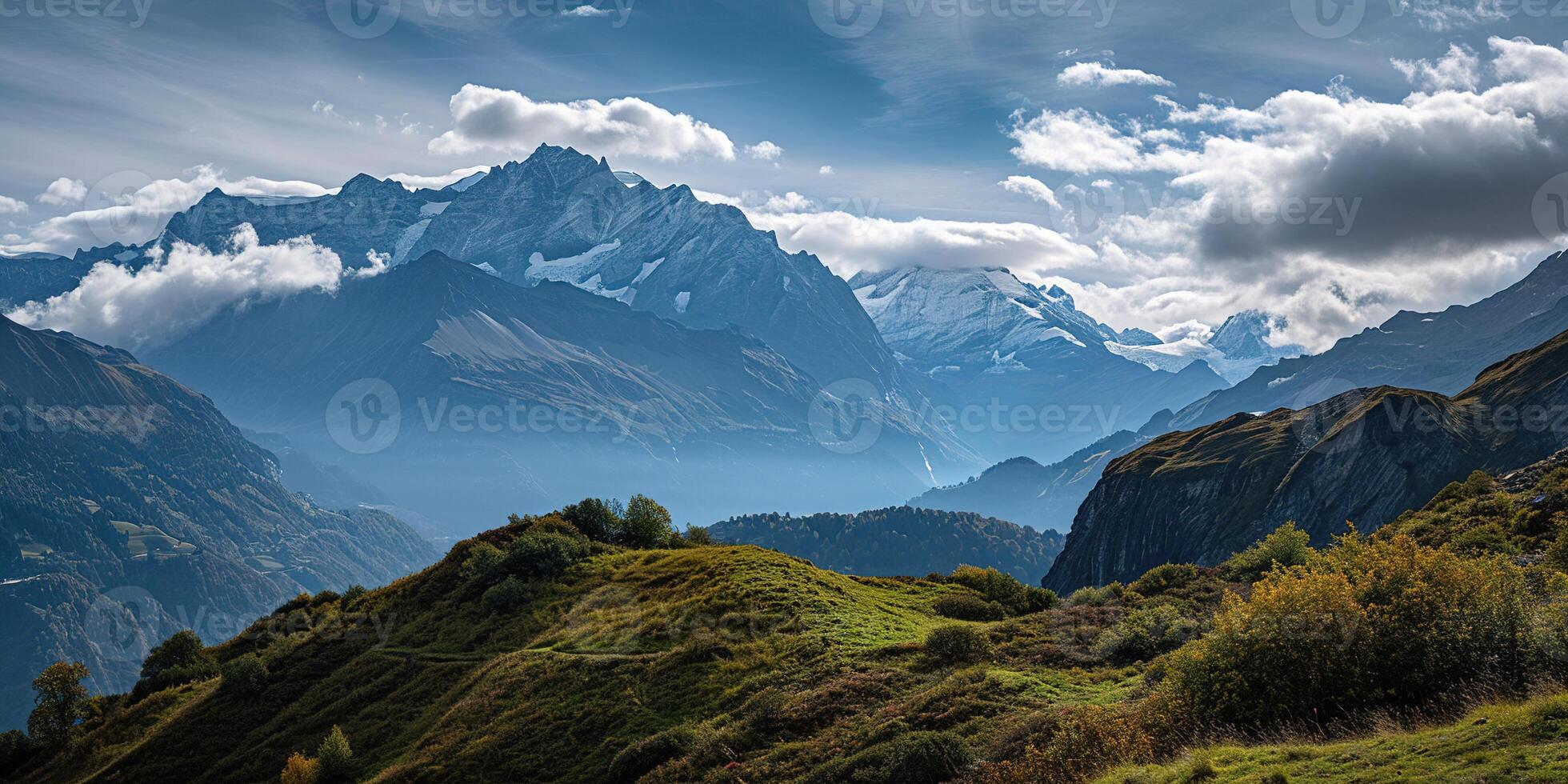 AI generated Swiss Alps mountain range with lush forest valleys and meadows, countryside in Switzerland landscape. Serene idyllic panorama, majestic nature, relaxation, calmness concept photo