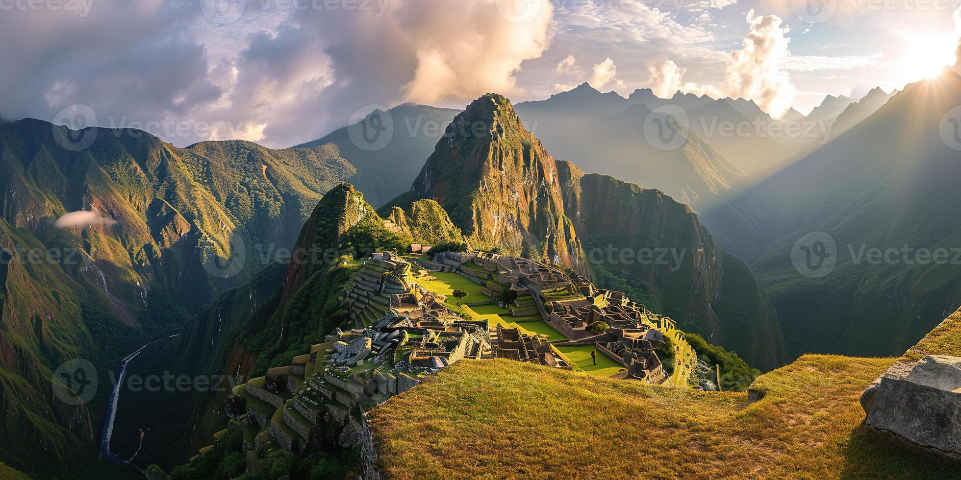 ai generado histórico santuario de machu picchu en un montaña cresta, oriental Cordillera de del Sur Perú. inca ciudadela en el Andes montañas, antiguo civilización, puesta de sol panorama paisaje foto