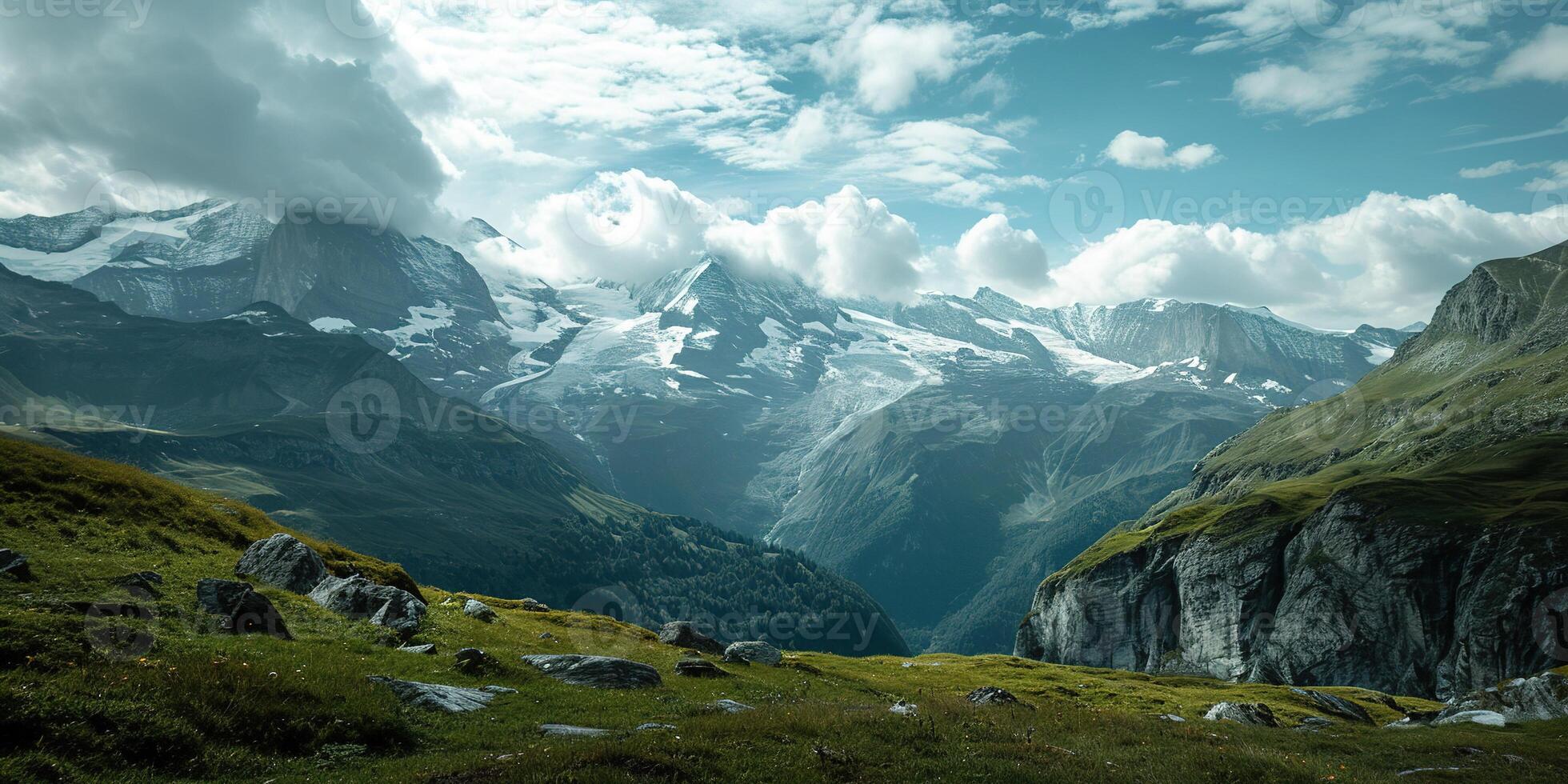 AI generated Swiss Alps mountain range with lush forest valleys and meadows, countryside in Switzerland landscape. Serene idyllic panorama, majestic nature, relaxation, calmness concept photo