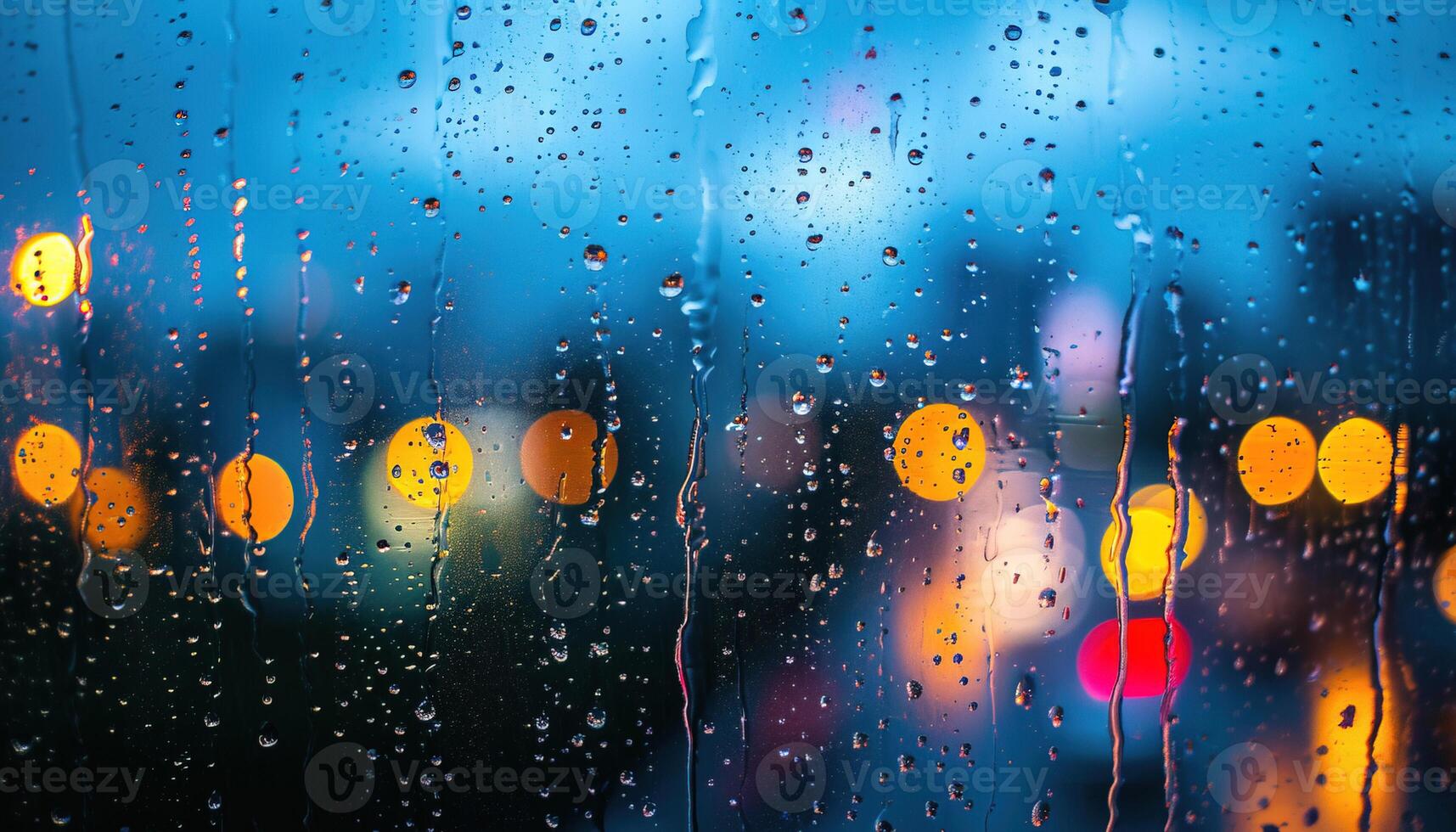 AI generated Rainy window with blurry city lights in the background. Bokeh out of focus blur, gloomy weather, melancholic mood, sadness, longing, depression concept backdrop photo