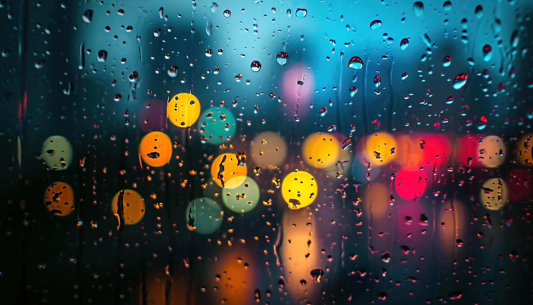 AI generated Rainy window with blurry city lights in the background. Bokeh out of focus blur, gloomy weather, melancholic mood, sadness, longing, depression concept backdrop photo