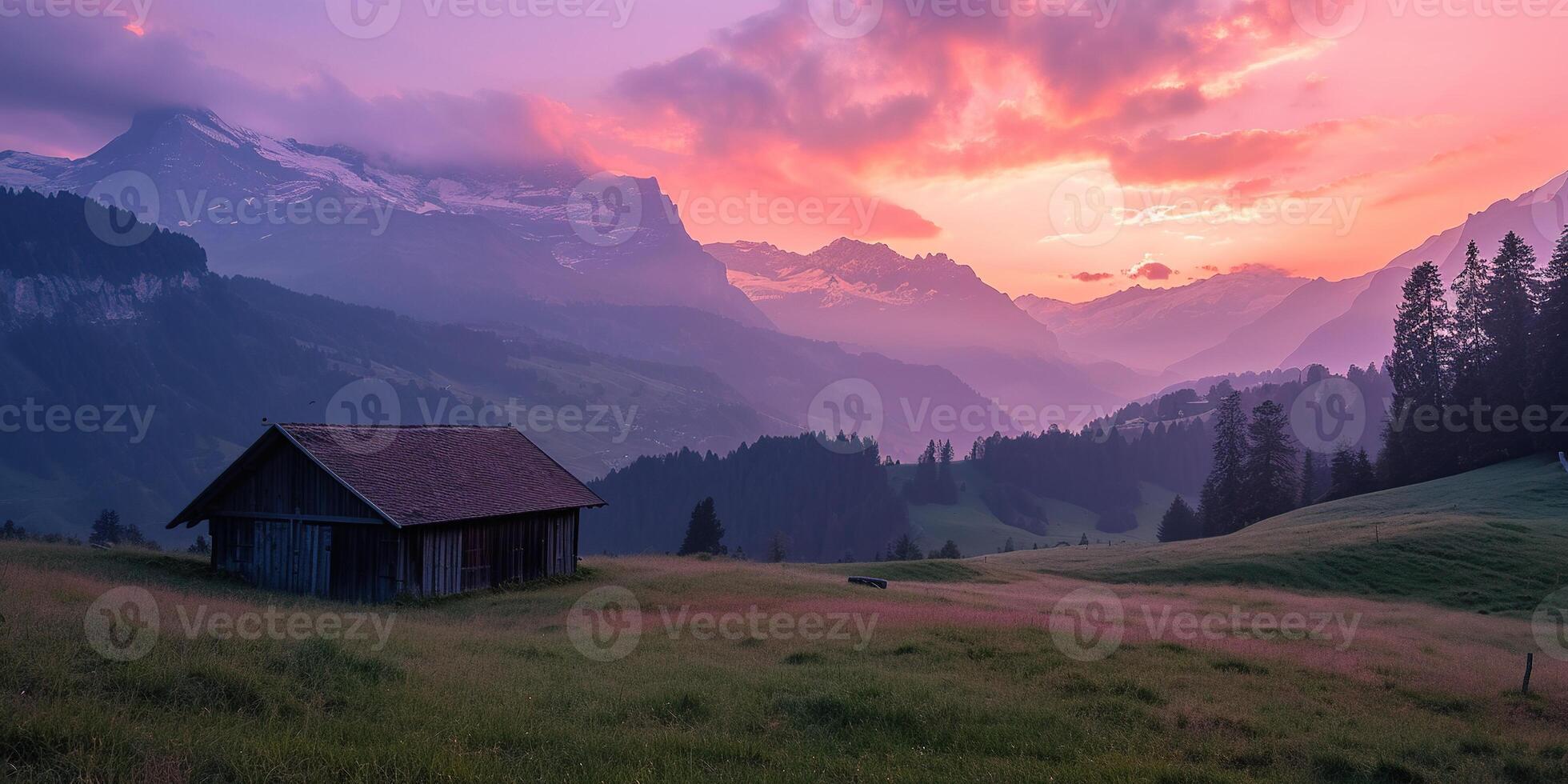 AI generated Swiss Alps snowy mountain range with valleys and meadows, countryside in Switzerland landscape. Golden hour majestic fiery sunset sky, travel destination wallpaper background photo