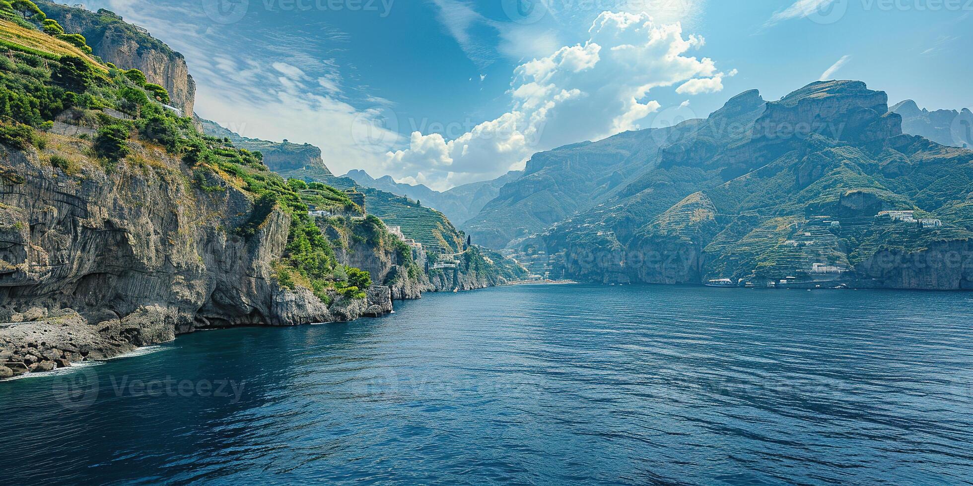 AI generated Amalfi coast coastline in Sorrentine Peninsula, Campania region, Italy. Holiday destination shoreline with hills, beaches, and cliffs, sea view, blue sky day wallpaper background photo