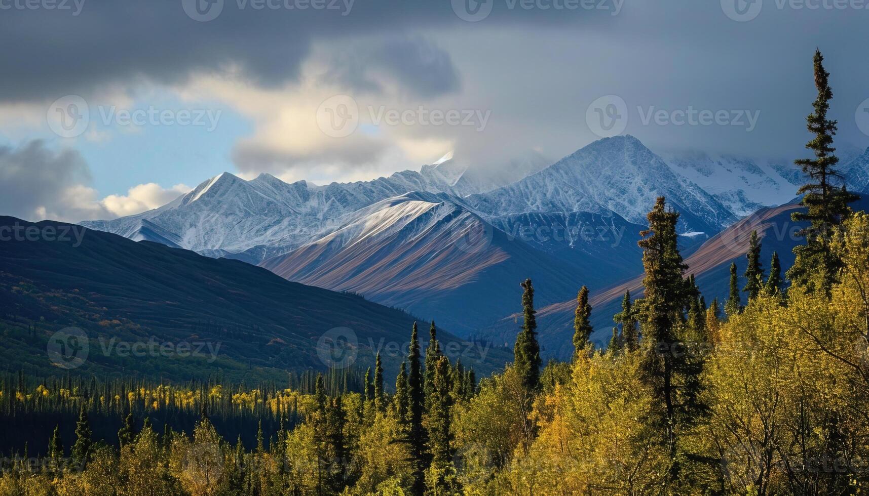 ai generado Nevado montañas de Alaska, paisaje con bosques, valles, y ríos en tiempo de día. asombroso naturaleza composición antecedentes fondo de pantalla, viaje destino, aventuras al aire libre foto