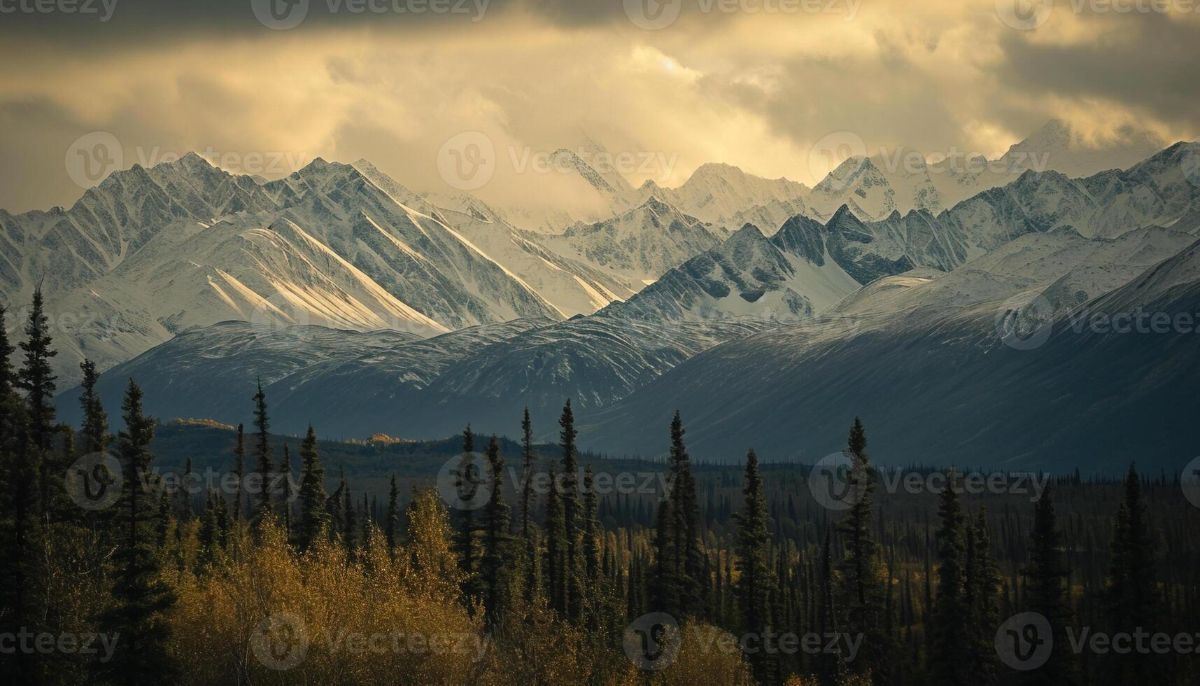 AI generated Snowy mountains of Alaska, landscape with forests, valleys, and rivers in daytime. Breathtaking nature composition background wallpaper, travel destination, adventure outdoors photo