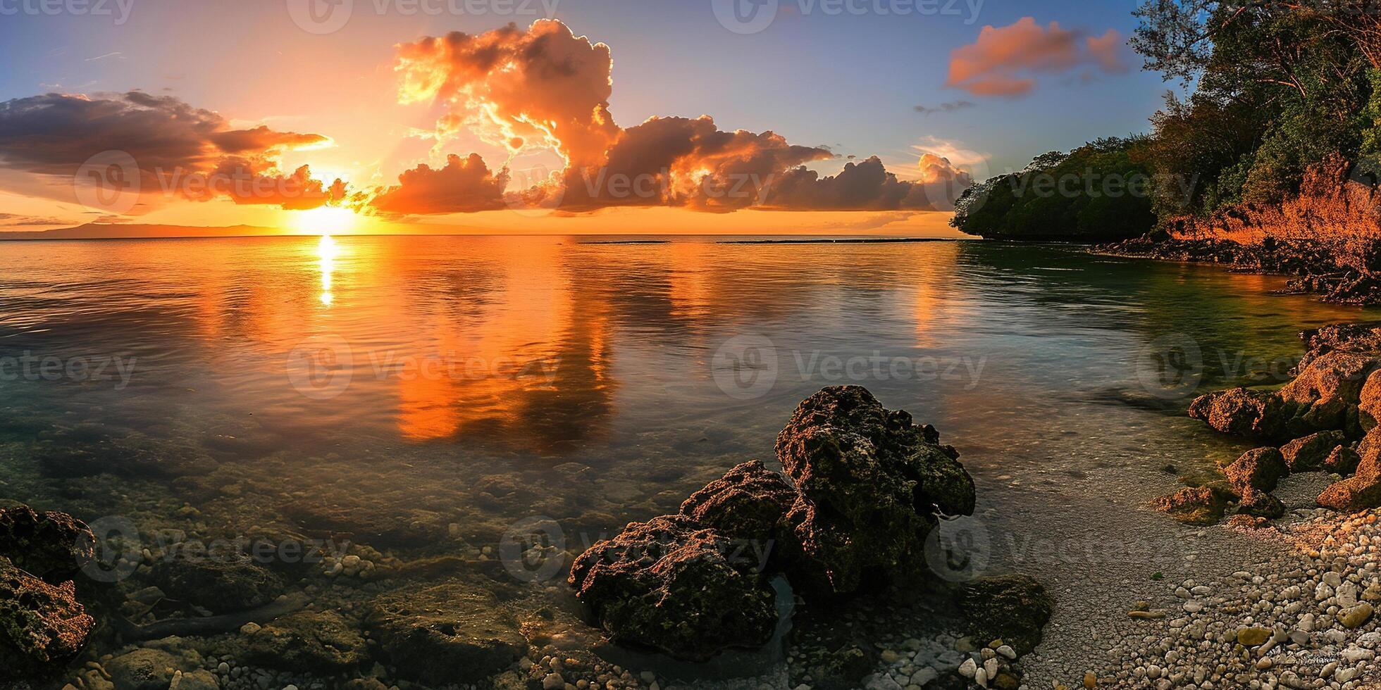 AI generated Great Barrier Reef on the coast of Queensland, Australia rocky beach seascape. Rocks and pebbles, purple and orange golden hour sunset evening sky horizon sea wallpaper background photo