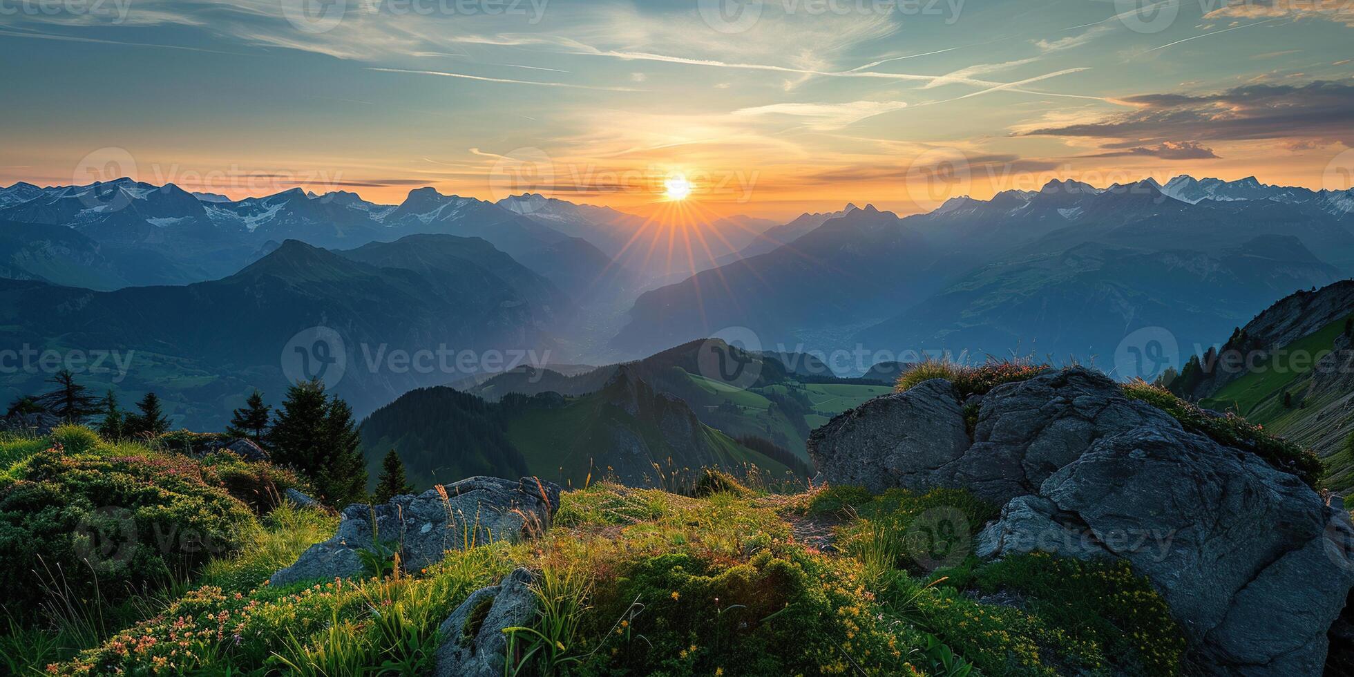 AI generated Swiss Alps snowy mountain range with valleys and meadows, Switzerland landscape. Golden hour sunset, serene idyllic panorama, majestic nature, relaxation, calmness concept photo