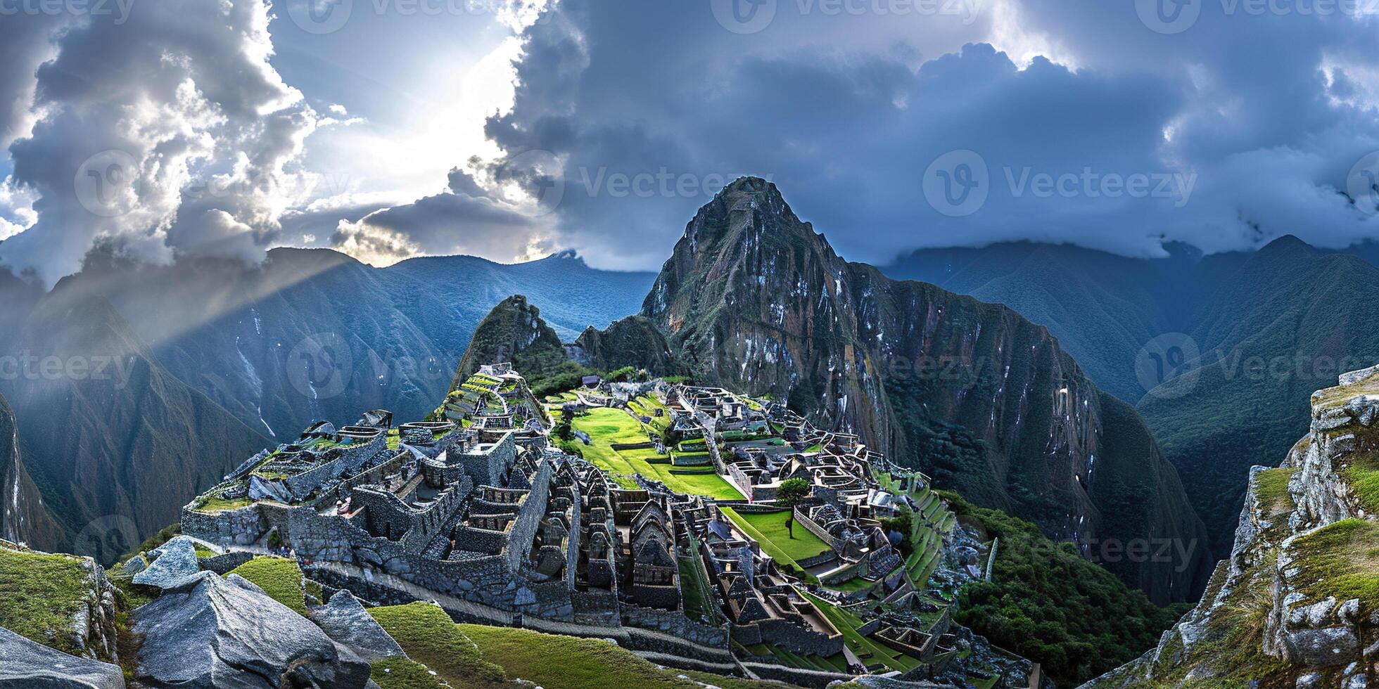 ai generado histórico santuario de machu picchu en un montaña cresta, oriental Cordillera de del Sur Perú. inca ciudadela en el Andes montañas, antiguo civilización, naturaleza panorama paisaje foto