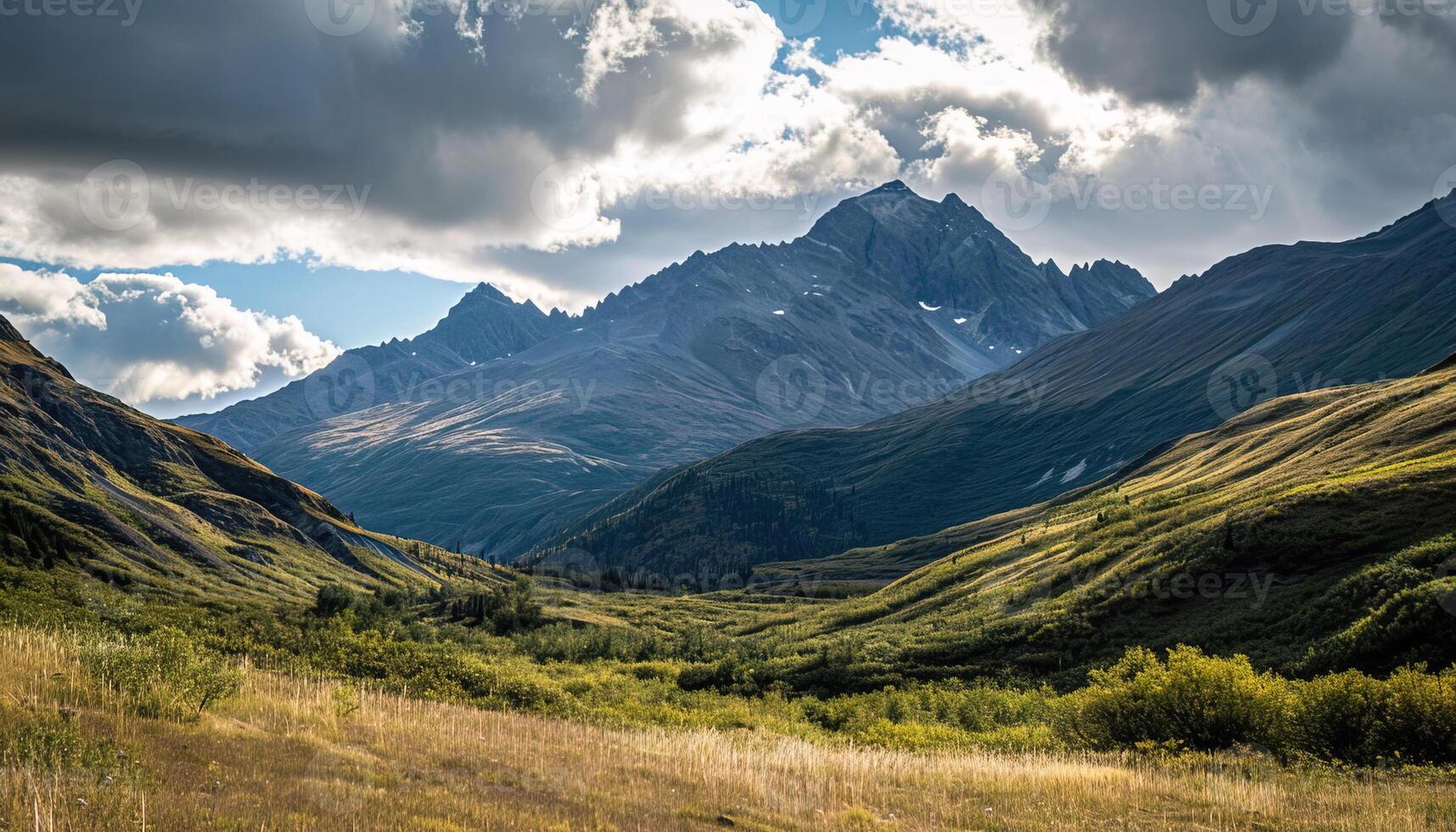 AI generated Snowy mountains of Alaska, landscape with forests, valleys, and rivers in daytime. Breathtaking nature composition background wallpaper, travel destination, adventure outdoors photo