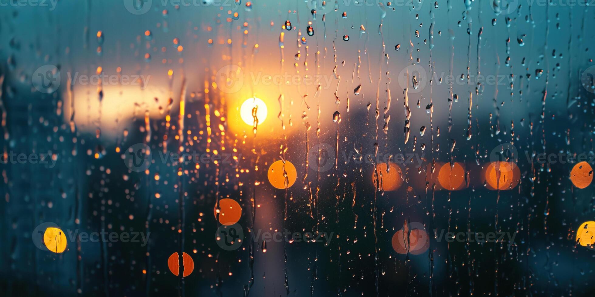 ai generado lluvioso ventana con borroso ciudad luces en el antecedentes a puesta de sol. bokeh fuera de atención difuminar, frío clima, melancólico ánimo, dorado hora rayos de sol, nostalgia concepto fondo foto