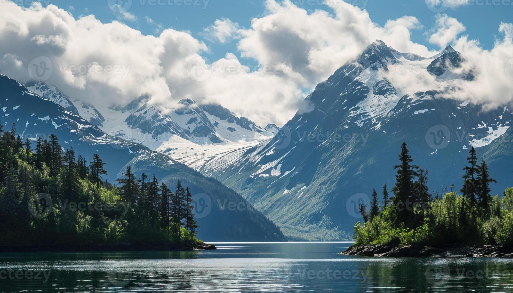 AI generated Snowy mountains of Alaska, landscape with forests, valleys, and rivers in daytime. Serene wilderness nature composition background wallpaper, travel destination, adventure outdoors photo