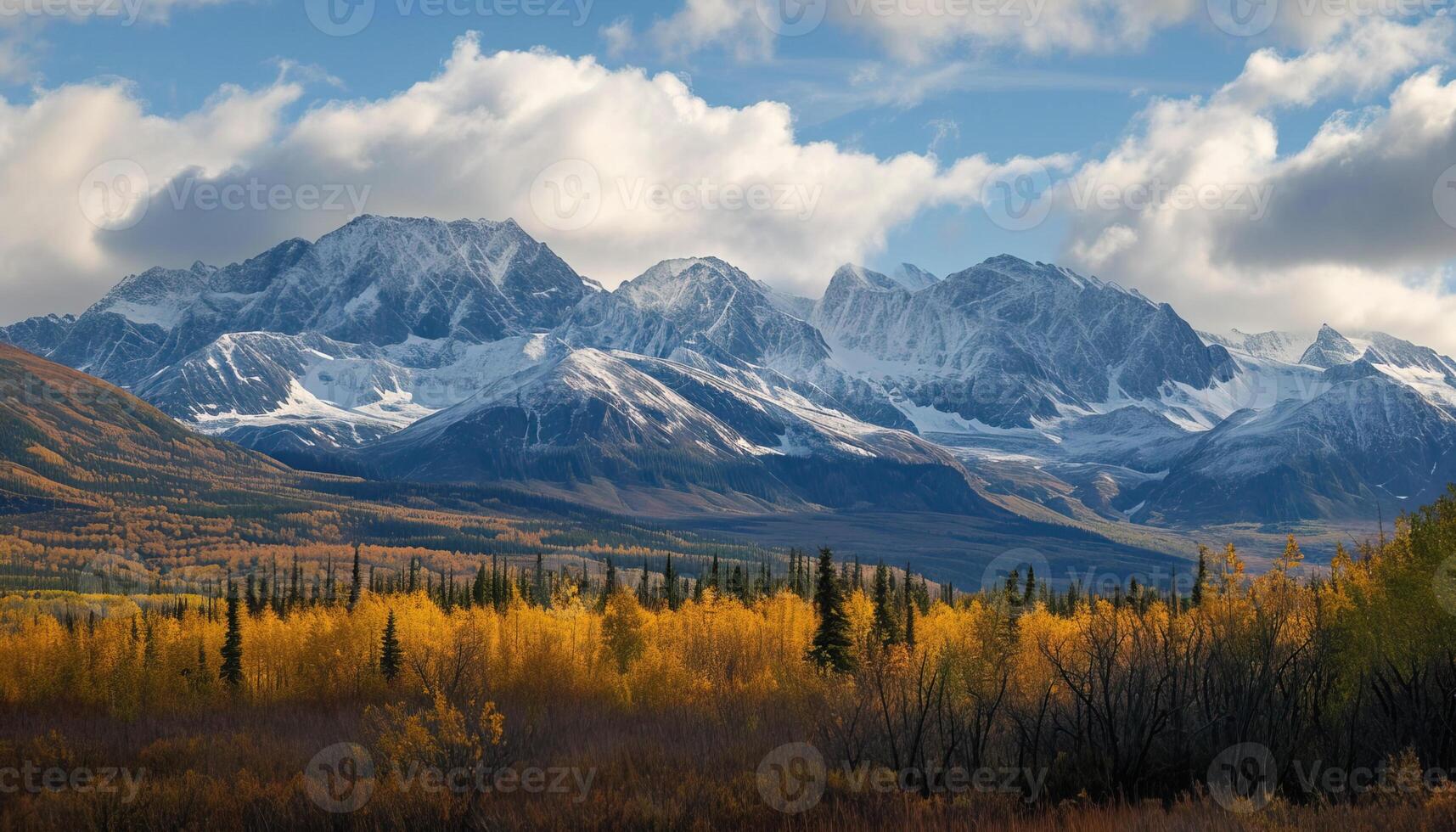 AI generated Snowy mountains of Alaska, landscape with forests, valleys, and rivers in daytime. Breathtaking nature composition background wallpaper, travel destination, adventure outdoors photo