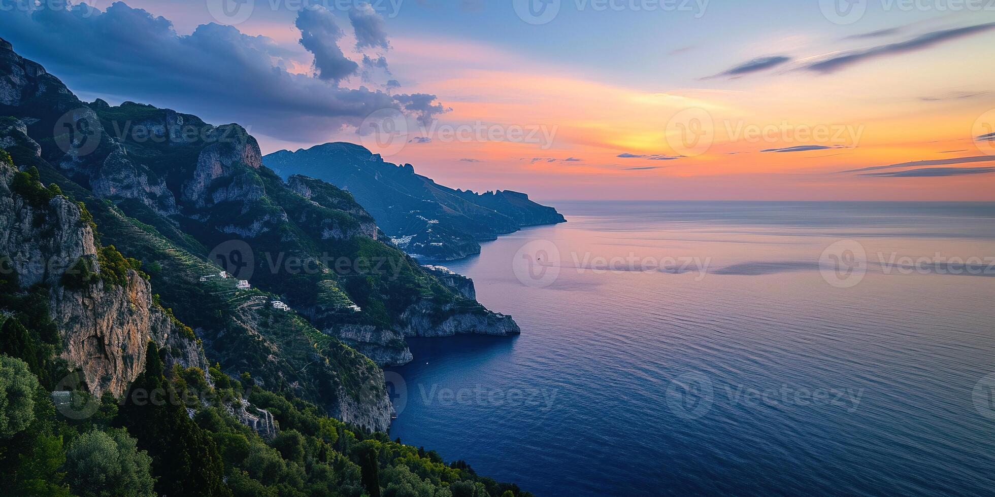 AI generated Amalfi coast coastline in Sorrentine Peninsula, Campania region, Italy. Holiday destination shoreline with hills, beaches, and cliffs, sea view, sunset golden hour wallpaper photo