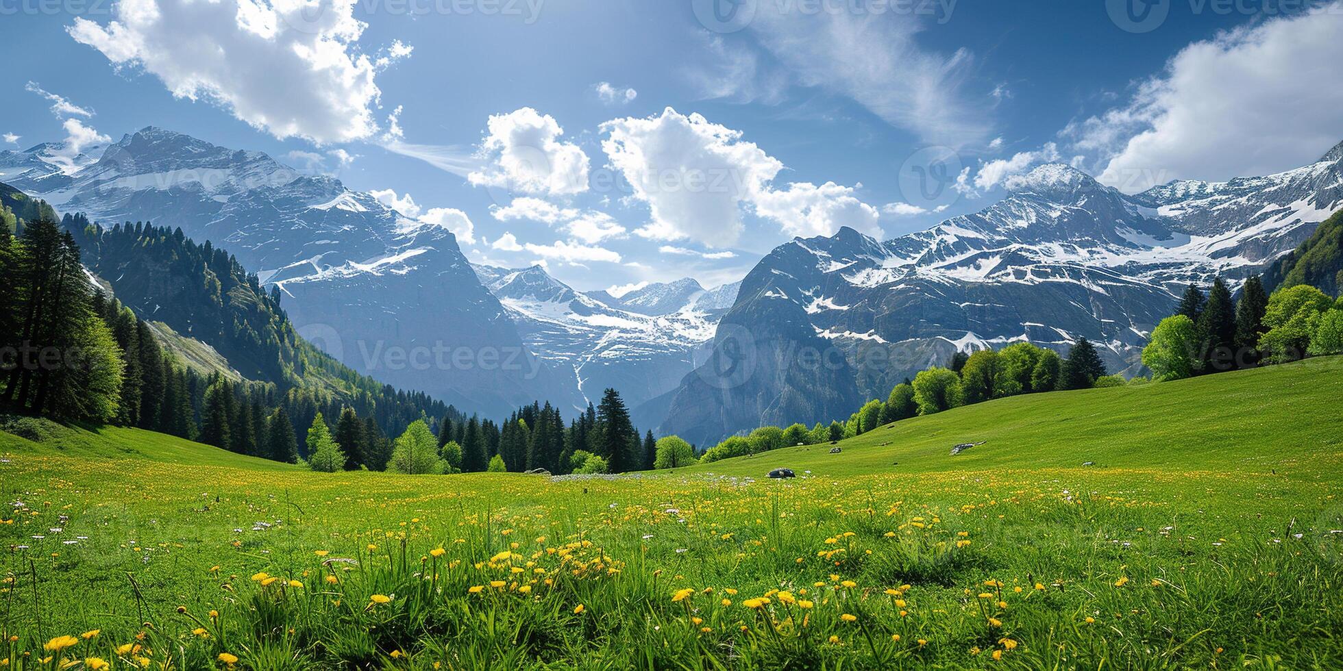 AI generated Swiss Alps mountain range with lush forest valleys and meadows, countryside in Switzerland landscape. Serene idyllic panorama, majestic nature, relaxation, calmness concept photo