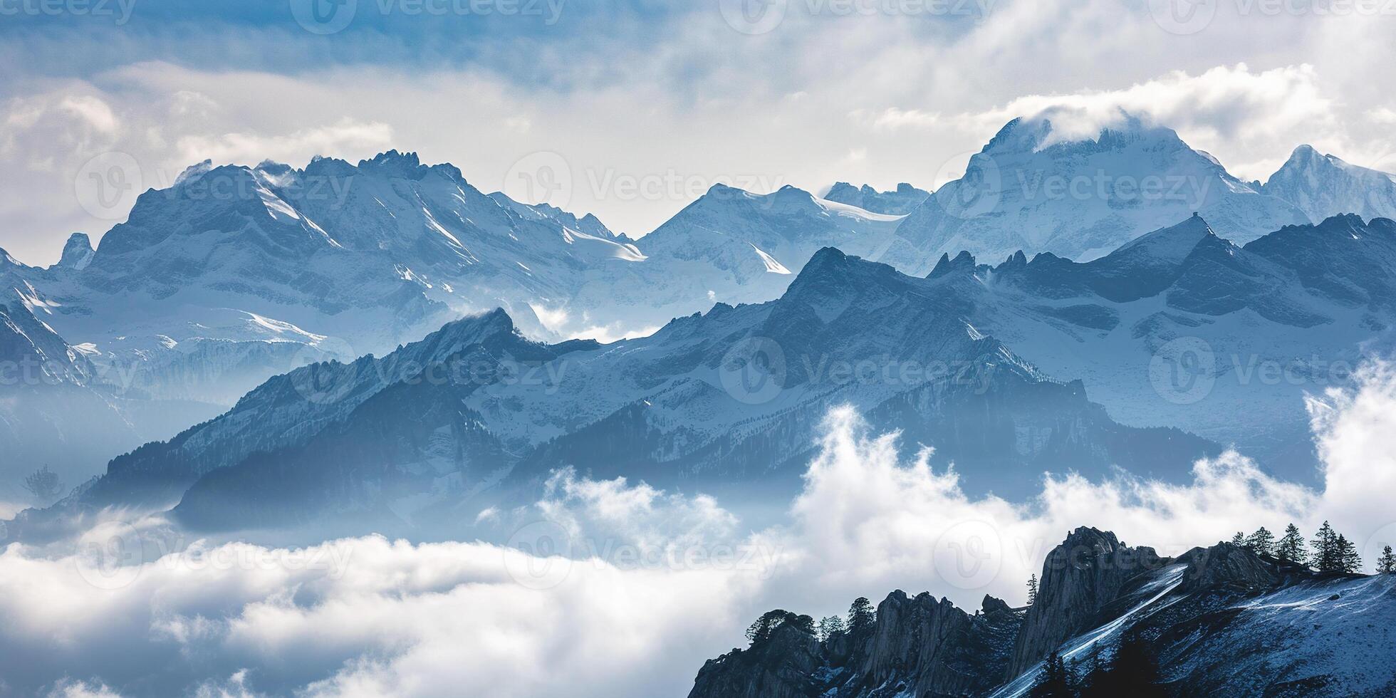 AI generated Swiss Alps mountain range with lush forest valleys and meadows, countryside in Switzerland landscape. Snowy mountain tops in the horizon, travel destination wallpaper background photo