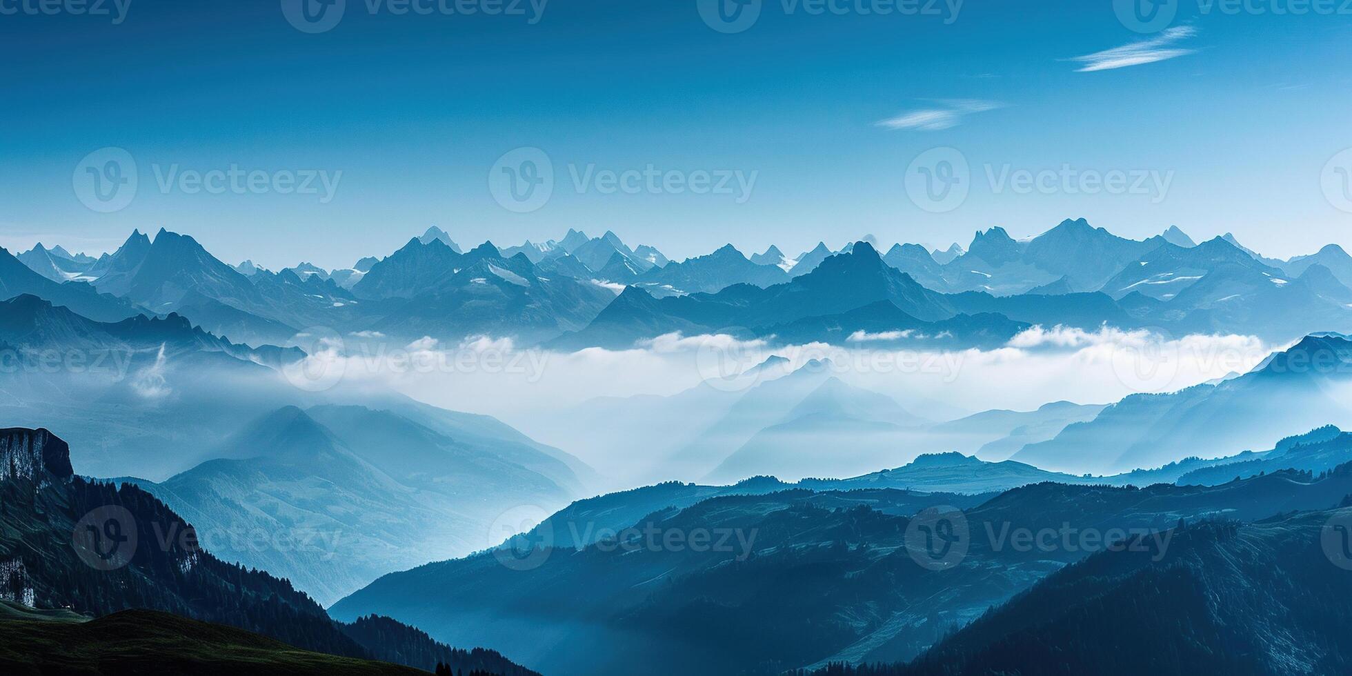 AI generated Swiss Alps mountain range with lush forest valleys and meadows, countryside in Switzerland landscape. Snowy mountain tops in the horizon, travel destination wallpaper background photo