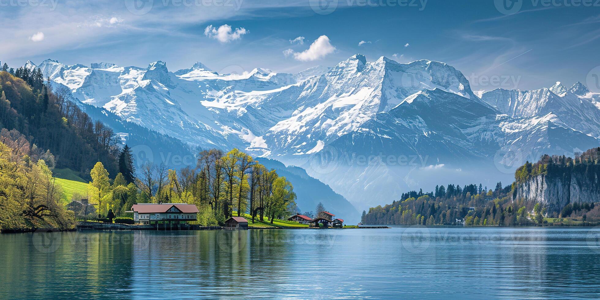AI generated Swiss Alps mountain range with lush forest valleys and meadows, countryside in Switzerland landscape. Serene idyllic panorama, majestic nature, relaxation, calmness concept photo