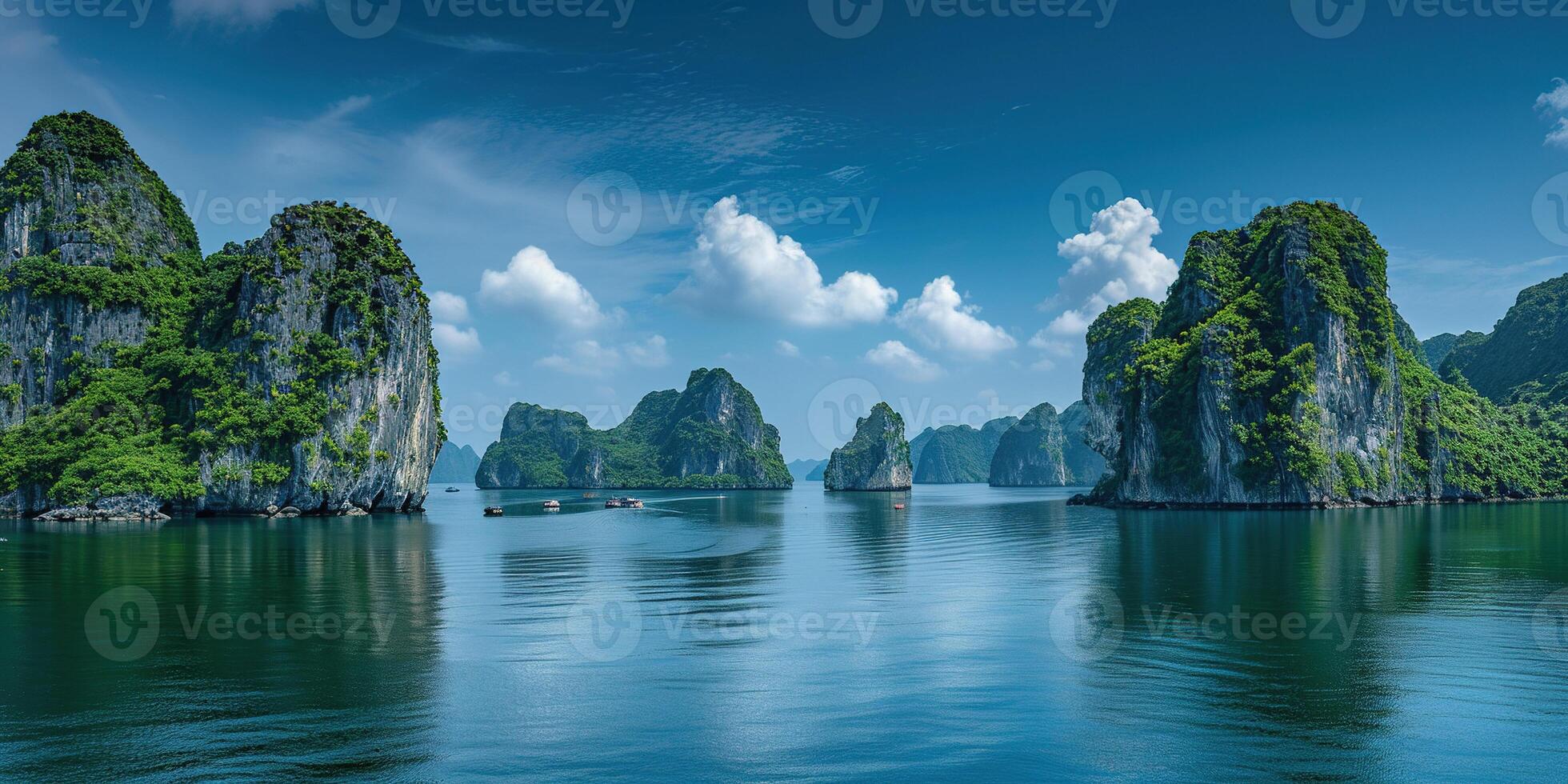 AI generated Ha Long Bay, Halong bay World Heritage Site, limestone islands, emerald waters with boats in province, Vietnam. Travel destination, natural wonder landscape background wallpaper photo