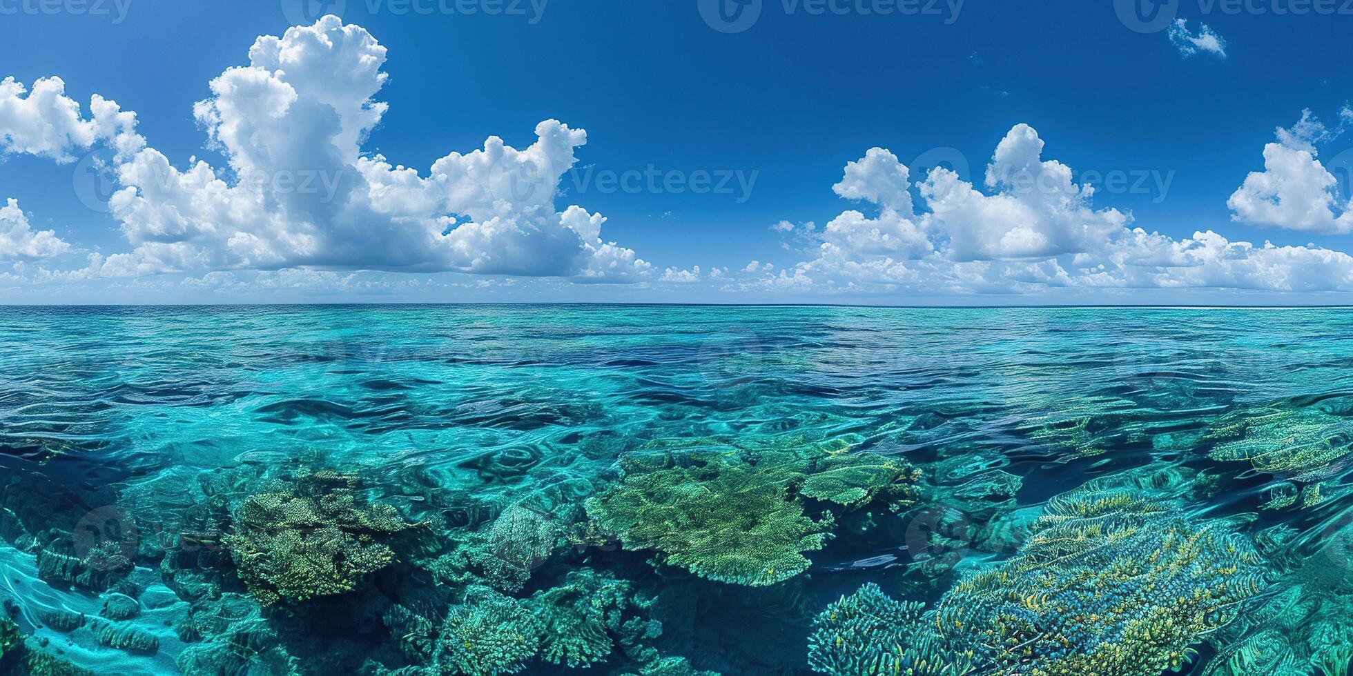 AI generated Great Barrier Reef on the coast of Queensland, Australia seascape. Coral sea marine ecosystem wallpaper with blue cloudy sky in the daylight photo