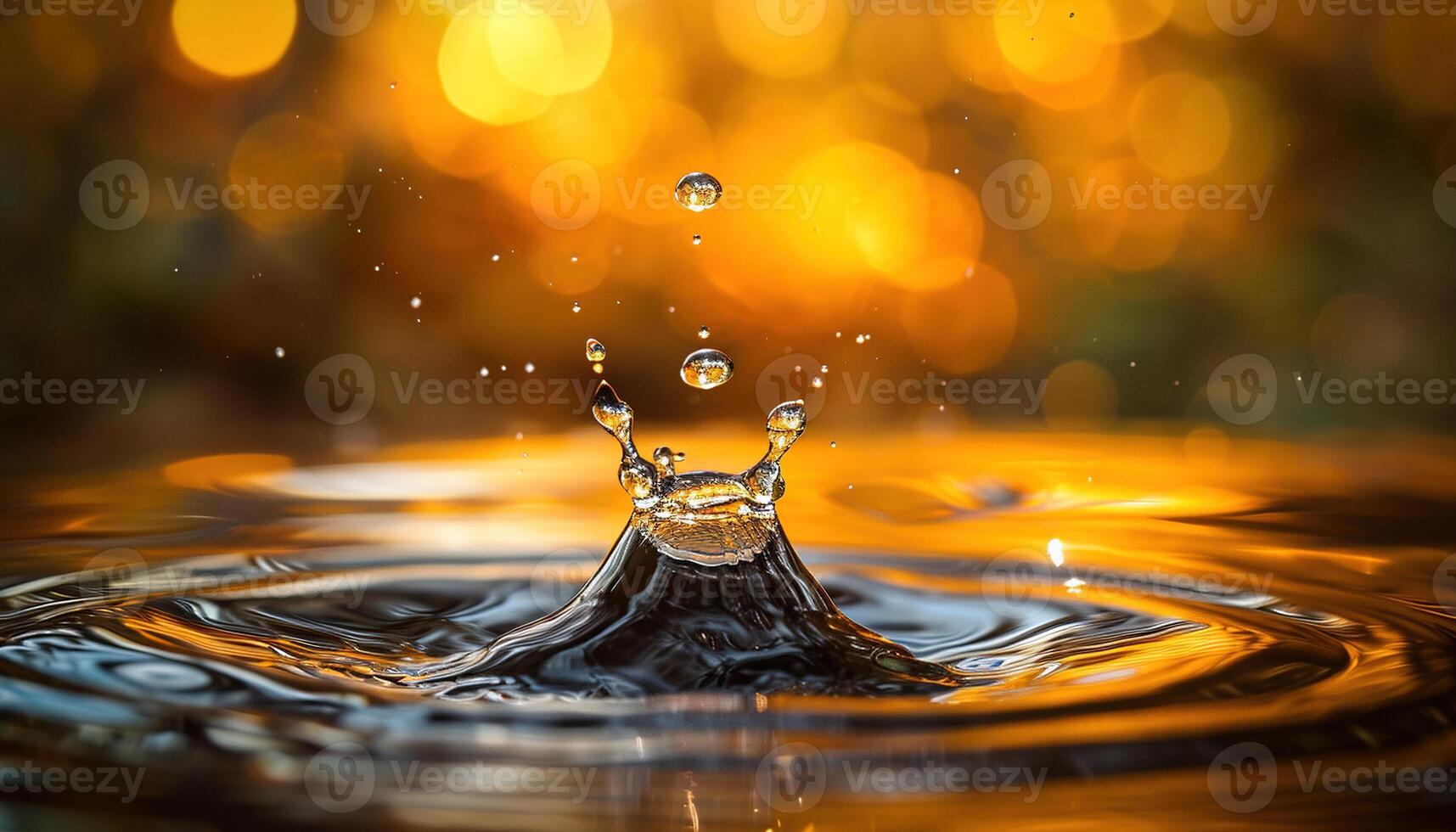 AI generated Closeup of a water drop splash in in a pond during golden hour sunset. Macro shot, orange and yellow tones, refreshing beautiful nature, surface tension, ripples photo