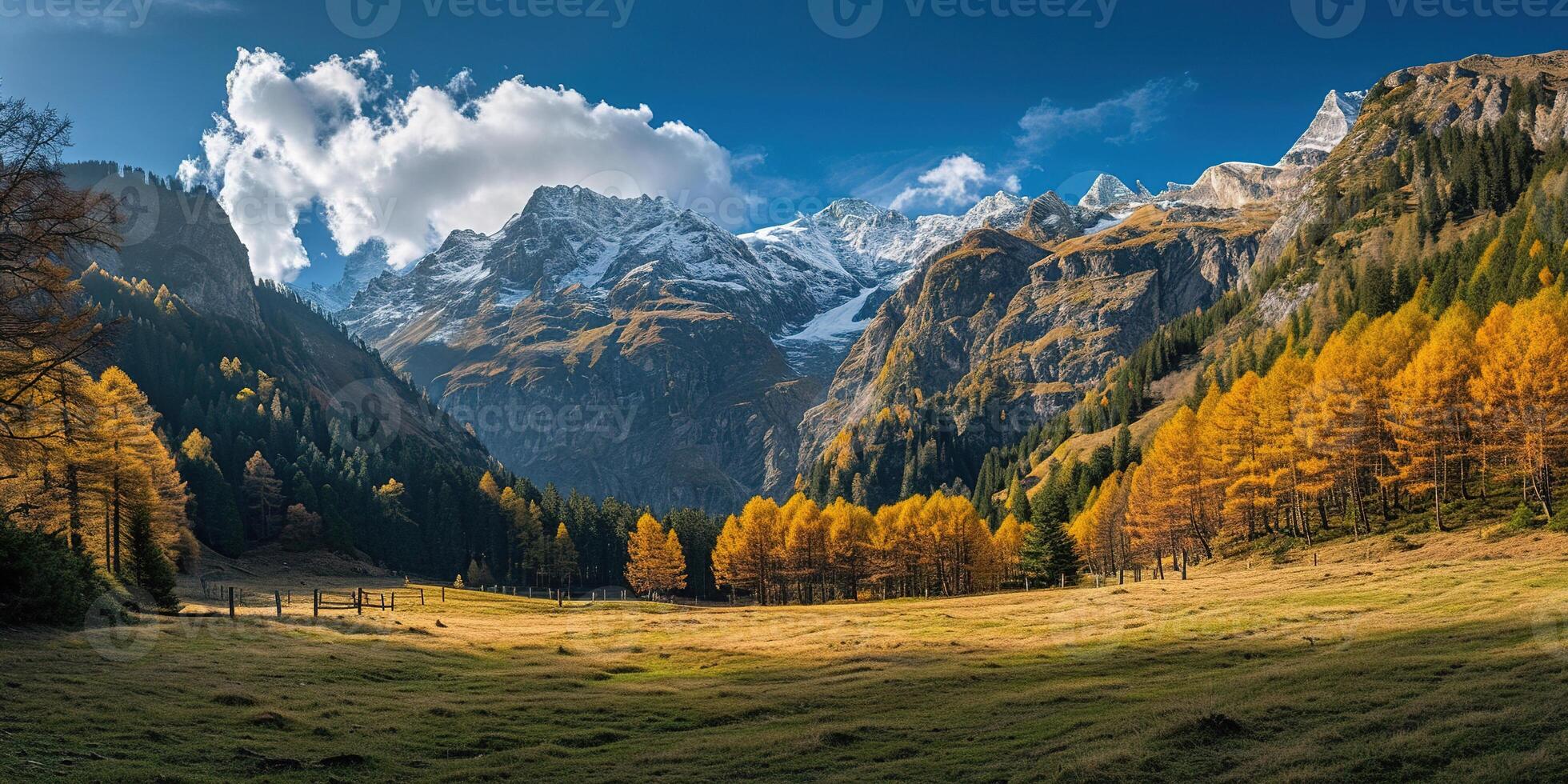 AI generated Swiss Alps mountain range with lush forest valleys and meadows, countryside in Switzerland landscape. Serene idyllic panorama, majestic nature, relaxation, calmness concept photo