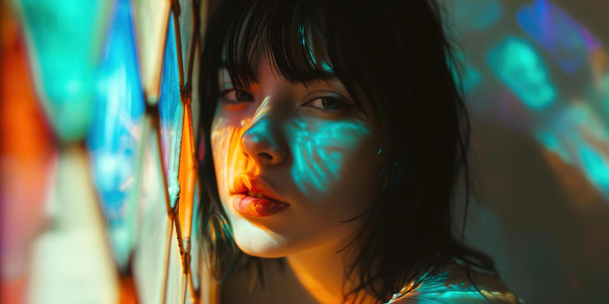 AI generated Young woman model in their 20s posing in a prism stained glass rainbow spectrum bright color lighting. Natural beauty, youth, face skin care, fashion and makeup concept background photo