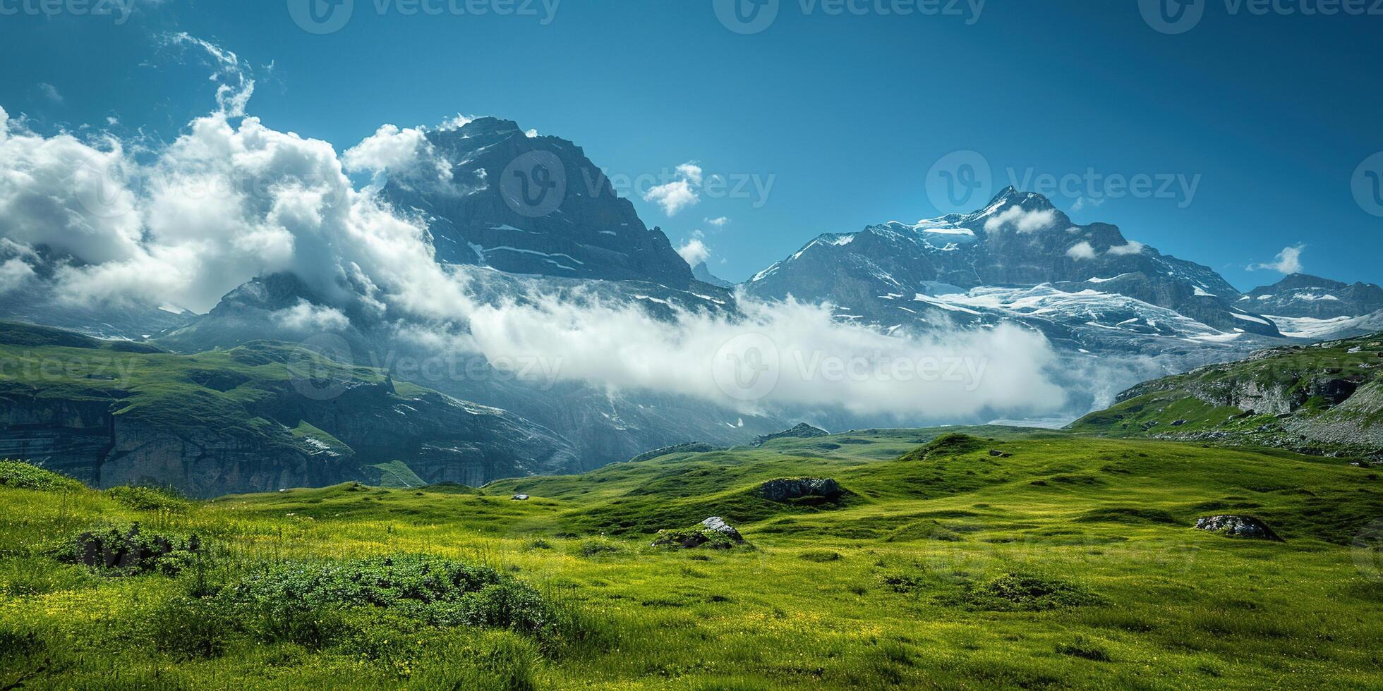 ai generado suizo Alpes montaña rango con lozano bosque valles y prados, campo en Suiza paisaje. Nevado montaña tapas en el horizonte, viaje destino fondo de pantalla antecedentes foto