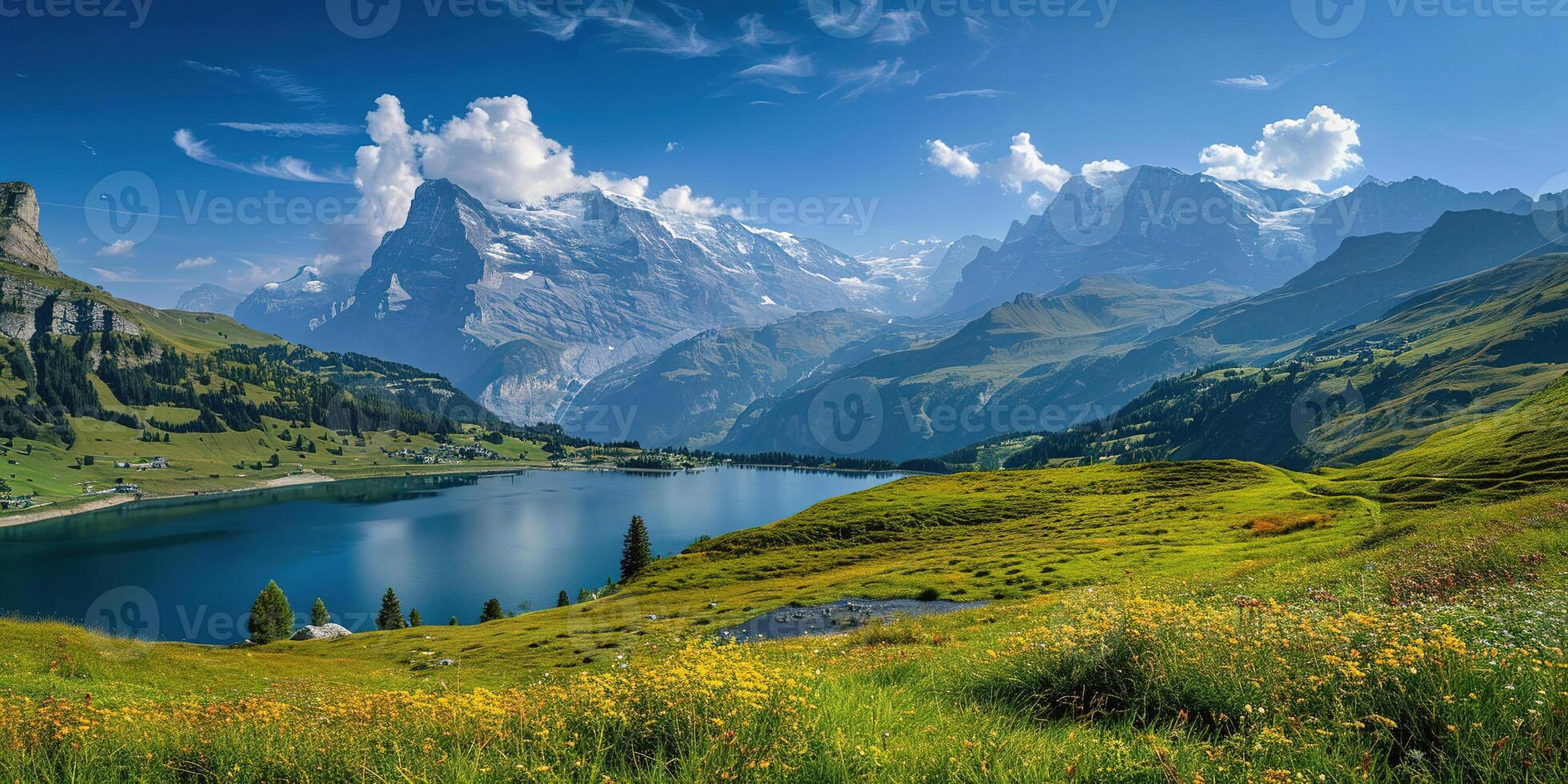 AI generated Swiss Alps mountain range with lush forest valleys and meadows, countryside in Switzerland landscape. Serene idyllic panorama, majestic nature, relaxation, calmness concept photo