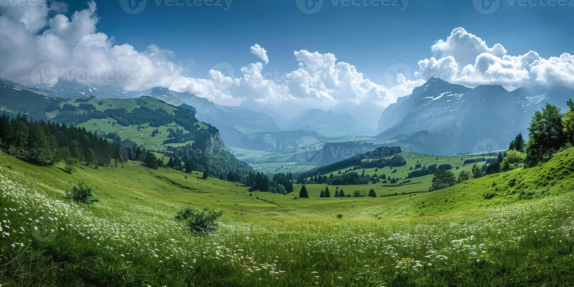 AI generated Swiss Alps mountain range with lush forest valleys and meadows, countryside in Switzerland landscape. Serene idyllic panorama, majestic nature, relaxation, calmness concept photo