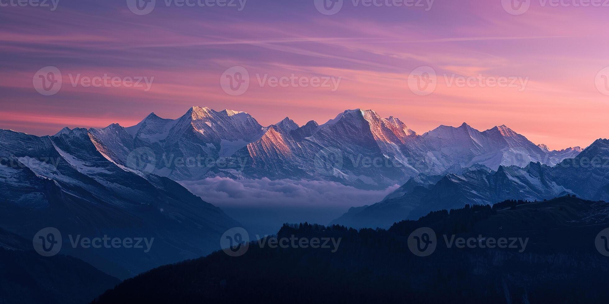 AI generated Swiss Alps snowy mountain range with valleys and meadows, Switzerland landscape. Golden hour sunset, serene idyllic panorama, majestic nature, relaxation, calmness concept photo