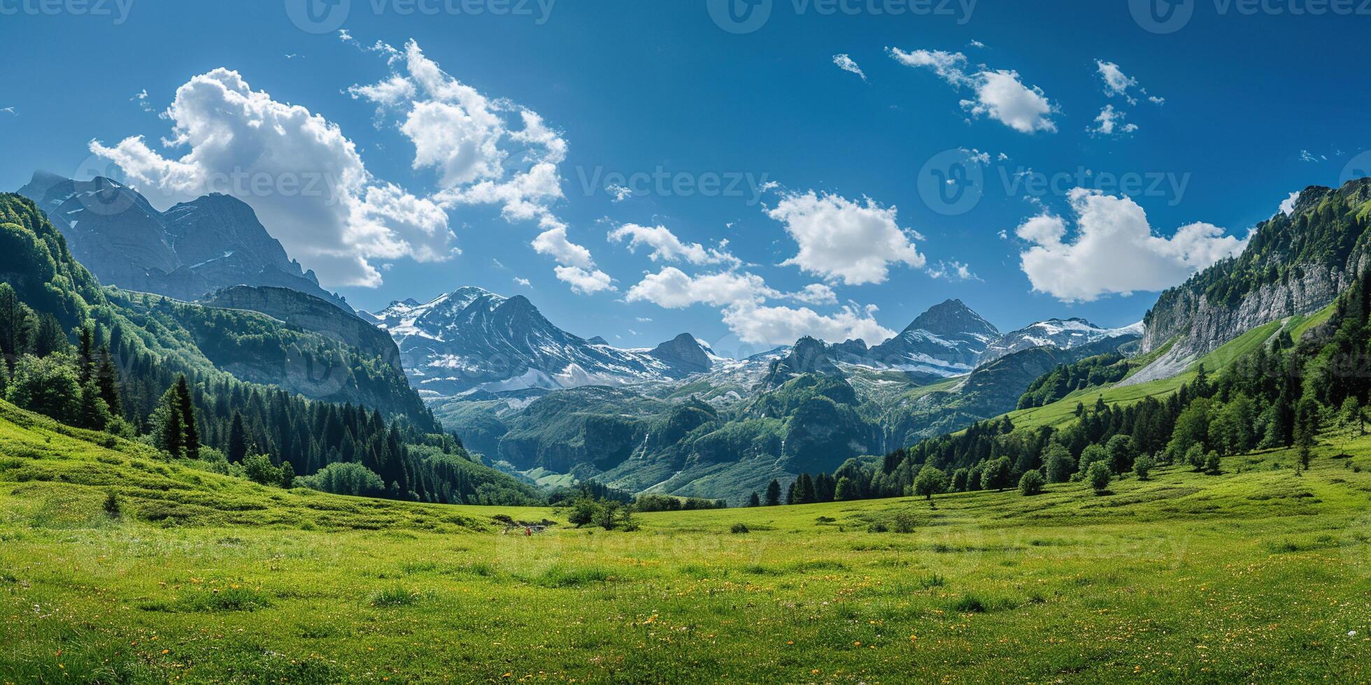 AI generated Swiss Alps mountain range with lush forest valleys and meadows, countryside in Switzerland landscape. Serene idyllic panorama, majestic nature, relaxation, calmness concept photo