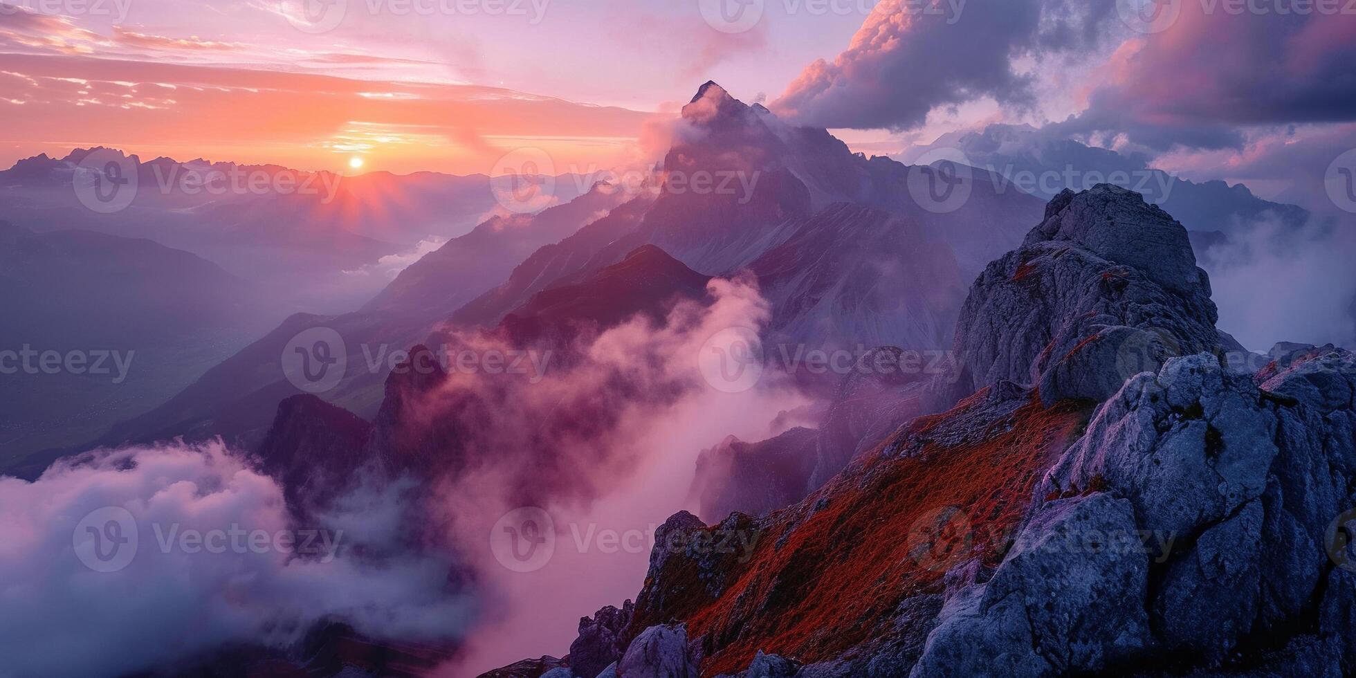 AI generated Swiss Alps snowy mountain range with valleys and meadows, countryside in Switzerland landscape. Golden hour majestic fiery sunset sky, travel destination wallpaper background photo